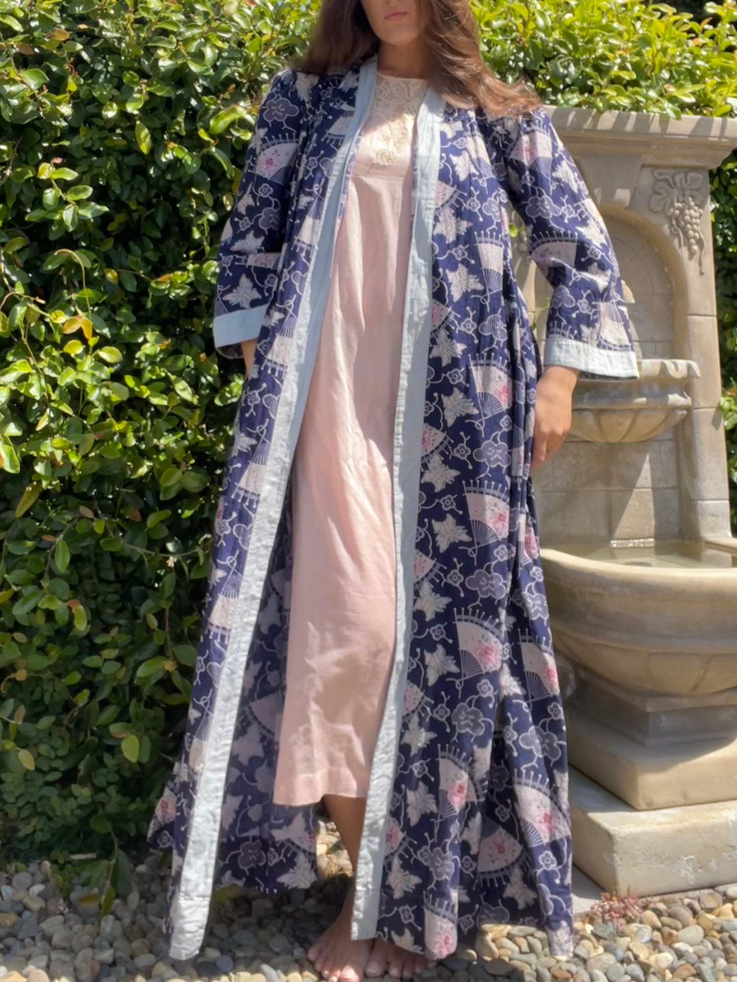 1930s Fan Print Cotton Bell Sleeve Floor Length Robe