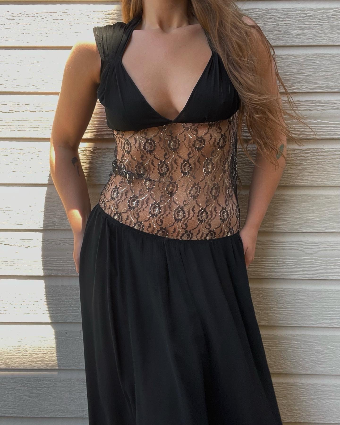 1930s Metallic Lace Sheer Midriff Gown
