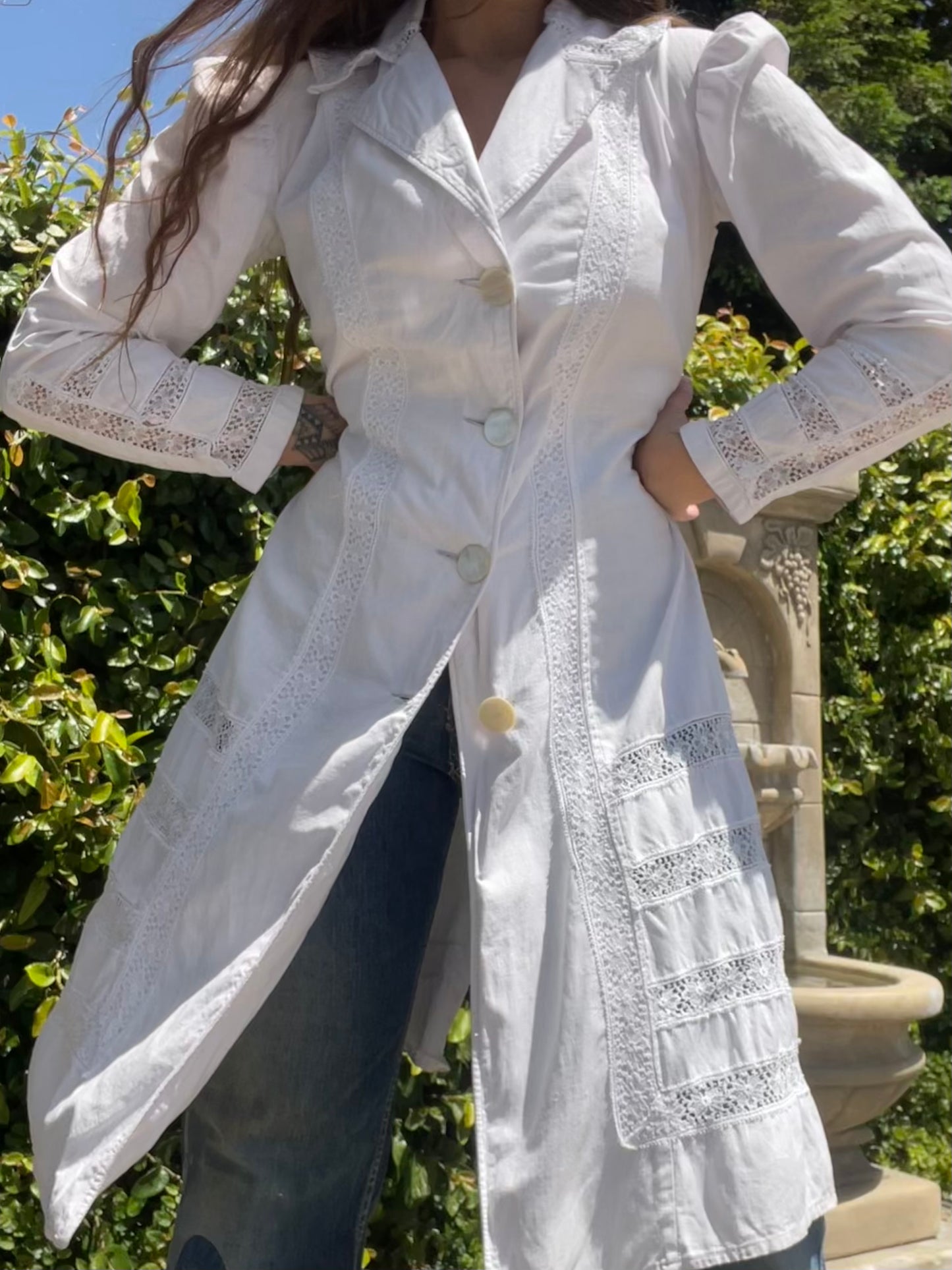 Turn Of The Century Puff Sleeve Linen & Crochet Lace Walking Jacket