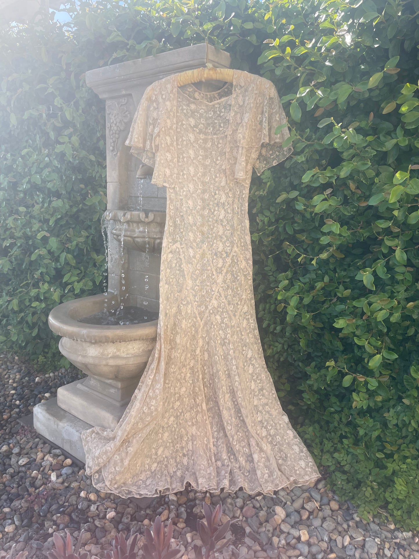 1930s Three Piece Ecru Tambour Lace Flutter Sleeve Gown