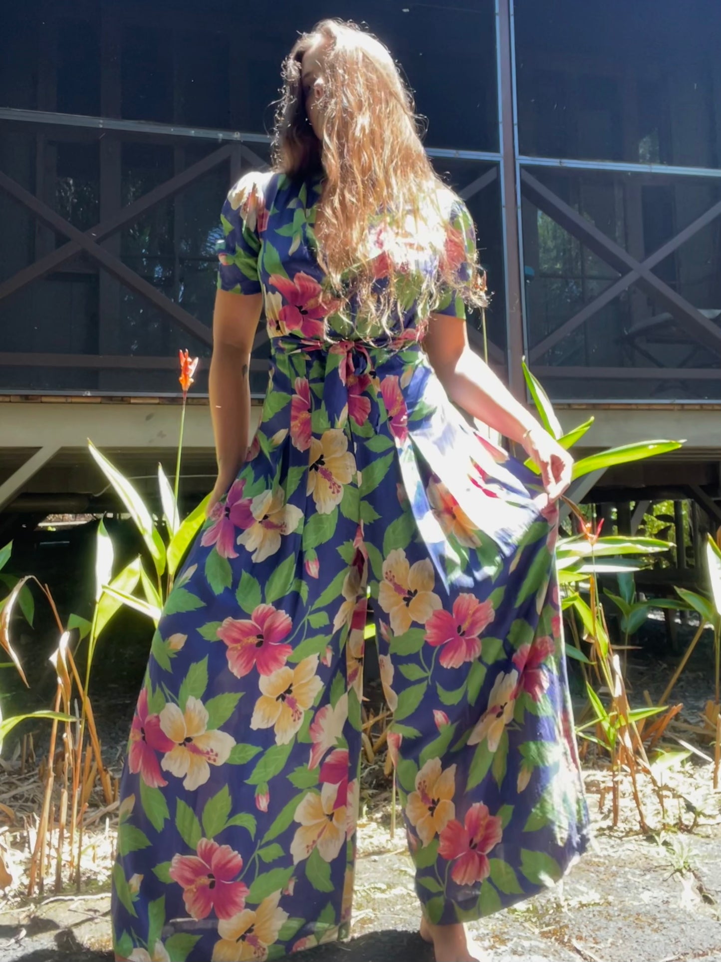 Rare 1940s Hawaiiana Rayon Palazzo Pant Tie Waist Jumpsuit