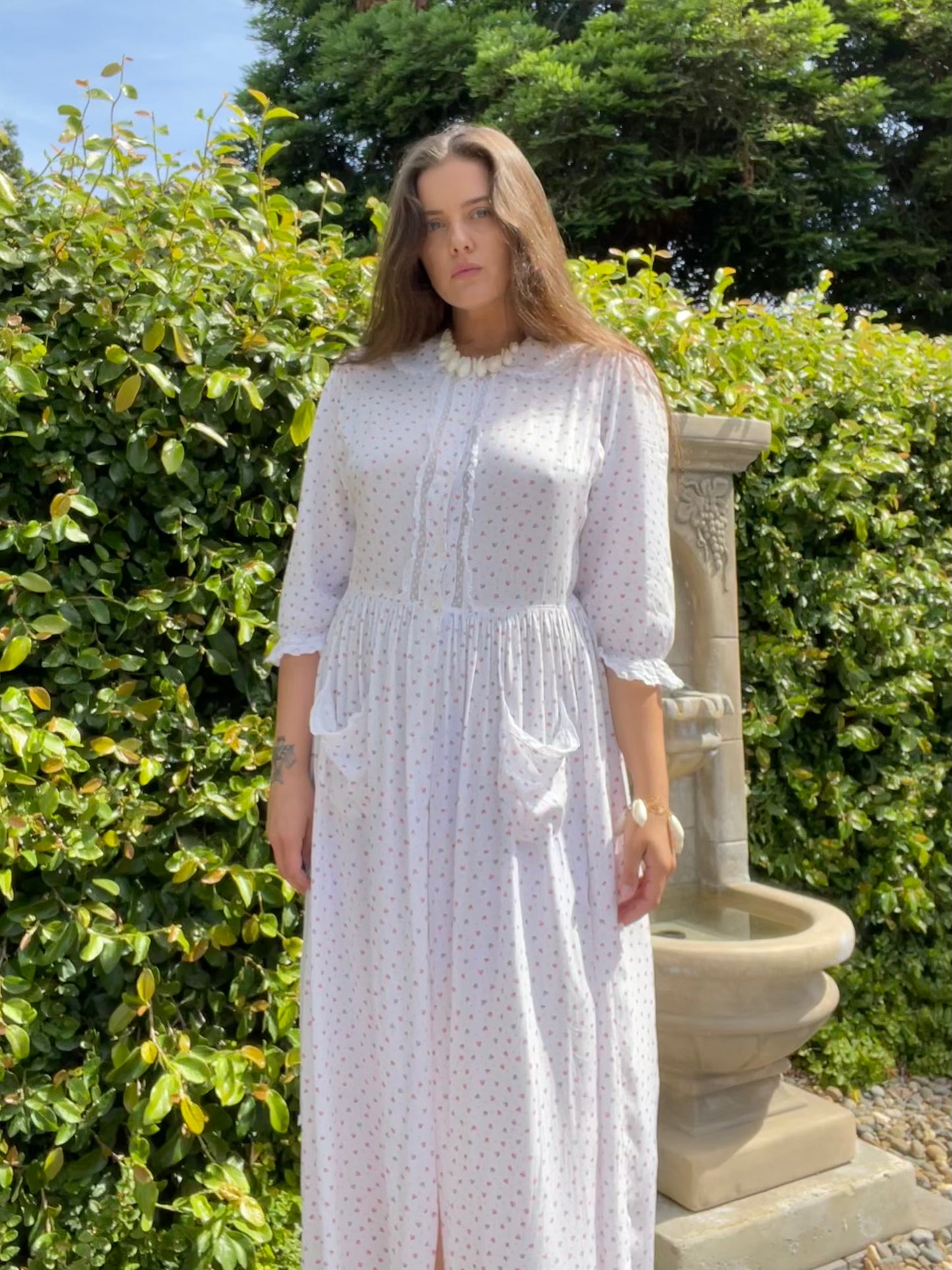 1940s Strawberry Print Rayon Peignoir Over Dress
