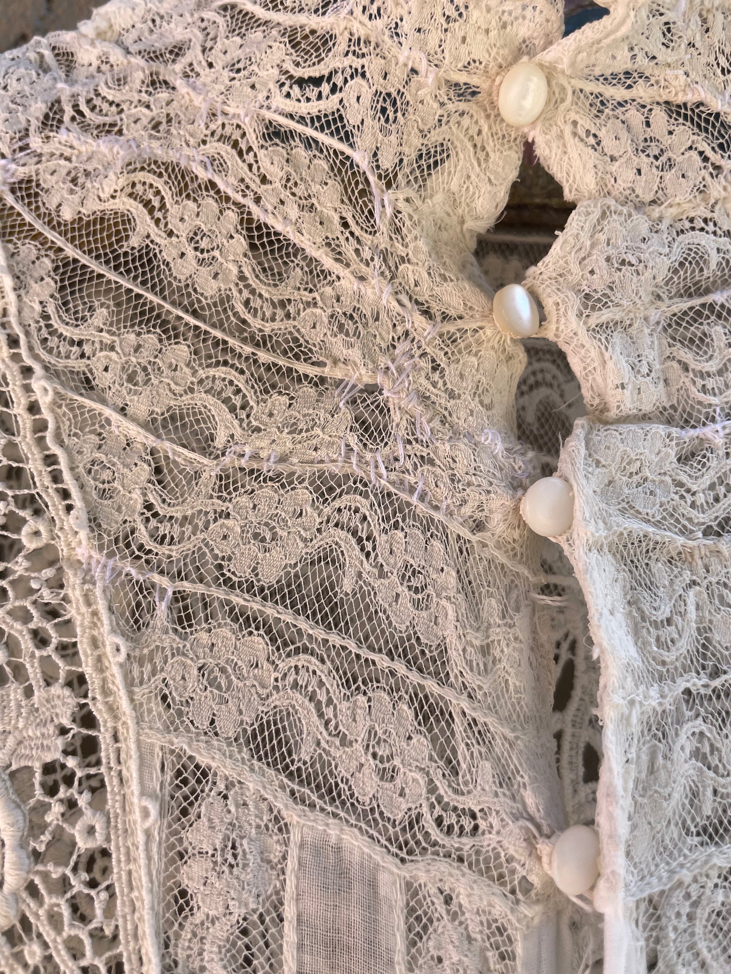 Early 1900s Fine Cotton & Lace High Neck Wedding Dress