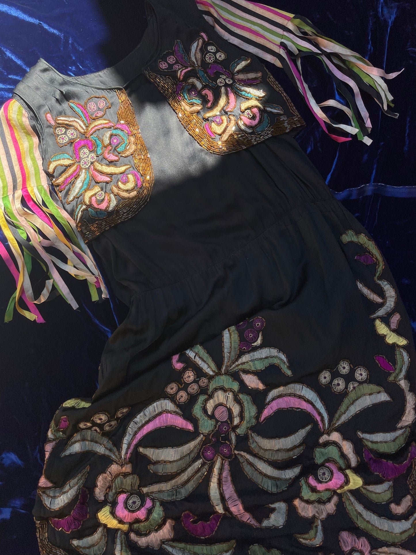 RARE 1920s Art Nouveau Hand Beaded Rainbow Silk Ribbon Sleeved Dress