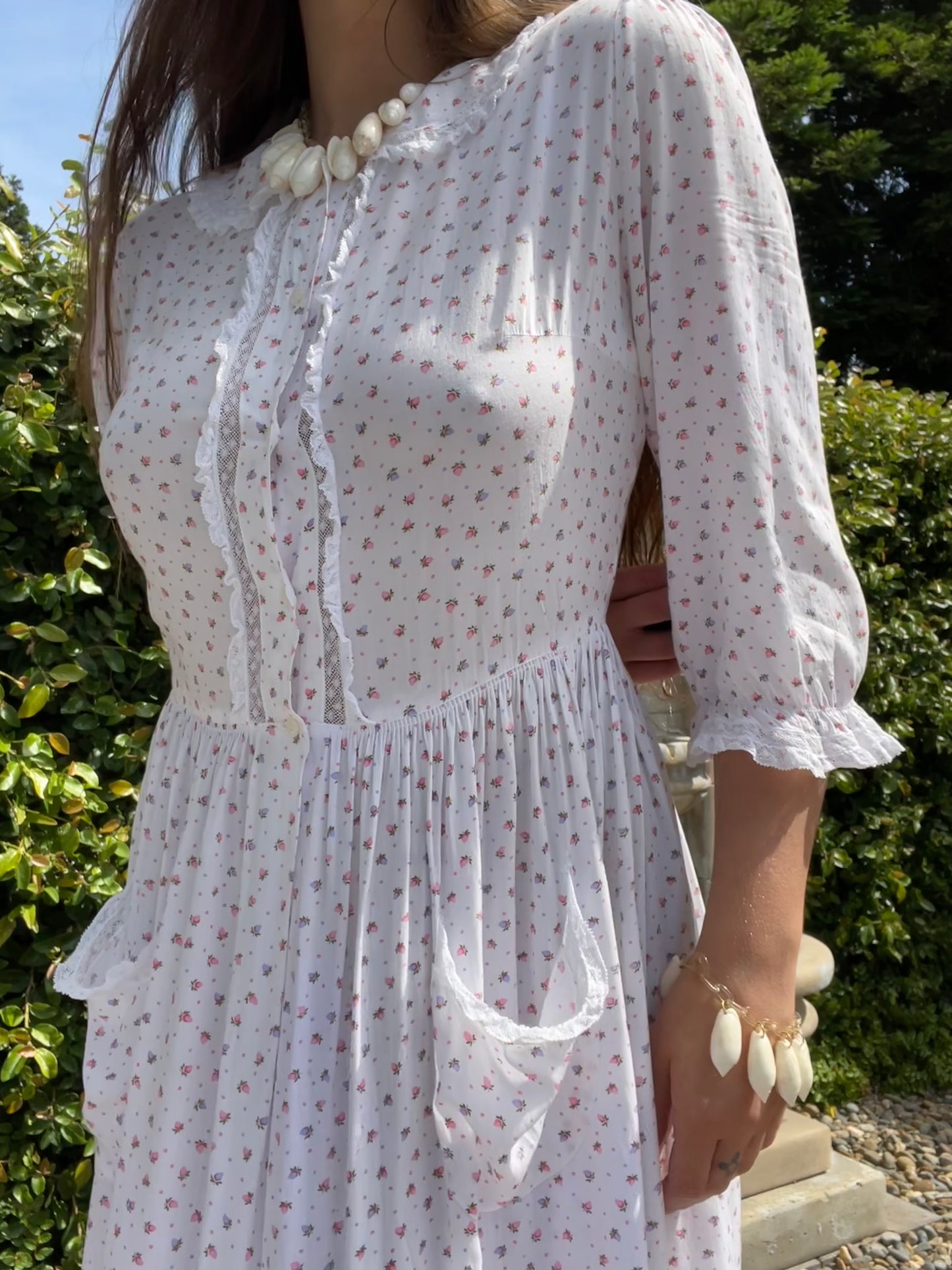 1940s Strawberry Print Rayon Peignoir Over Dress