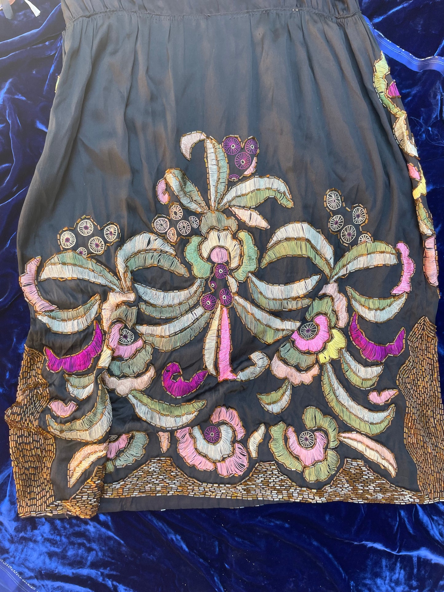 RARE 1920s Art Nouveau Hand Beaded Rainbow Silk Ribbon Sleeved Dress
