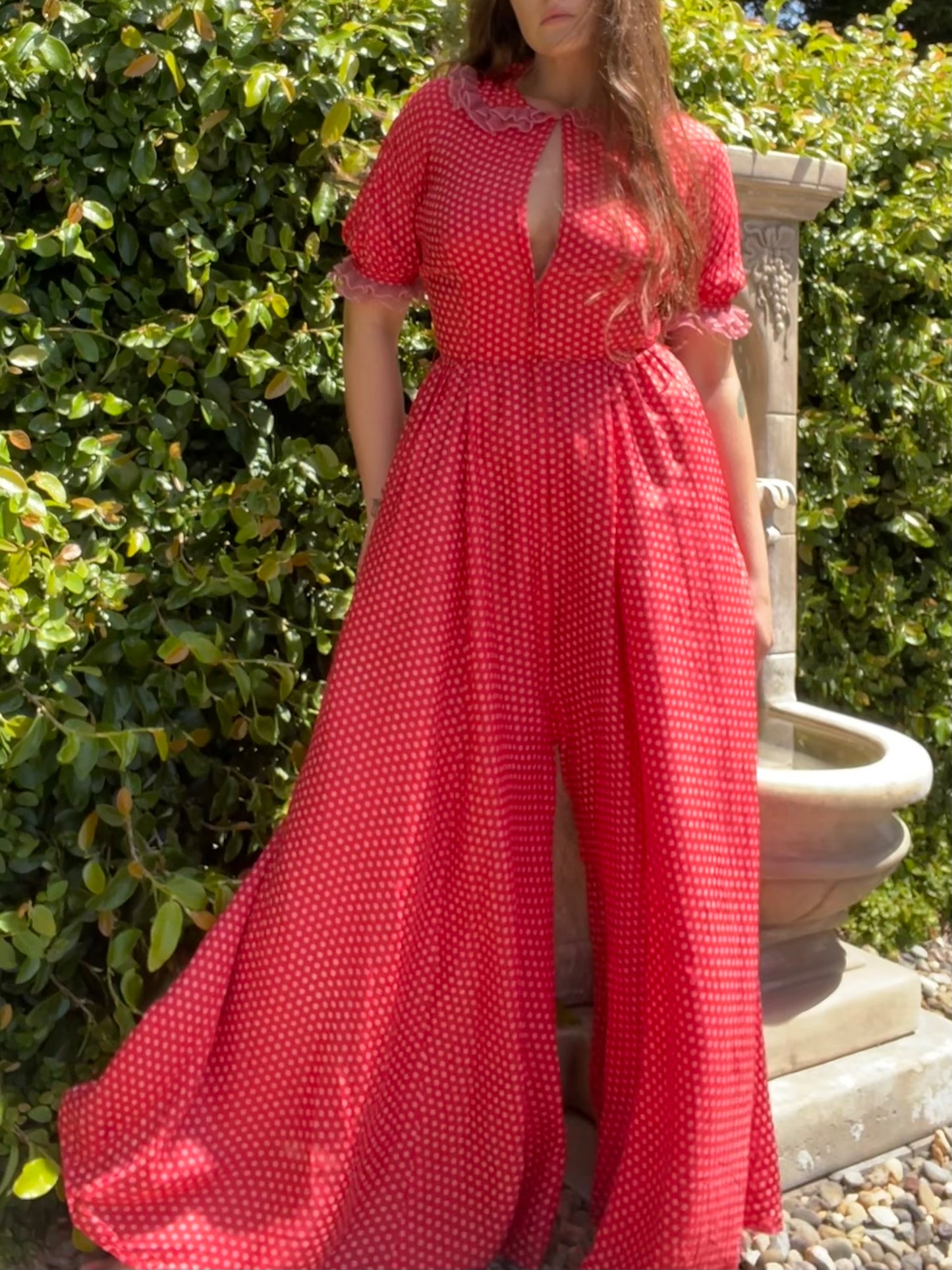 1940s Zip Front Polka Dot Palazzo Pant Silk Jumpsuit