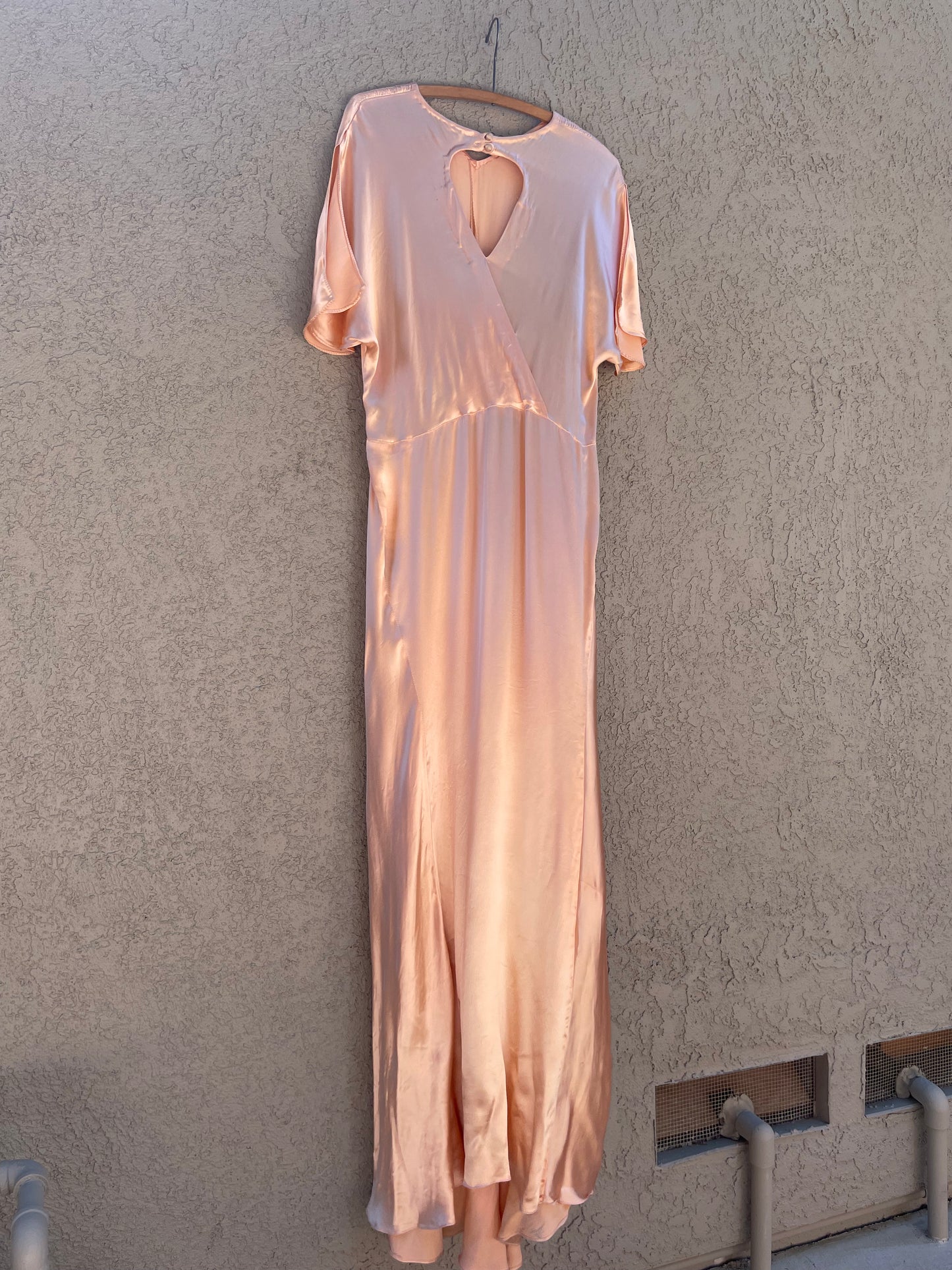 1930s Rayon Satin Bias Cut Peachy Salmon Dress