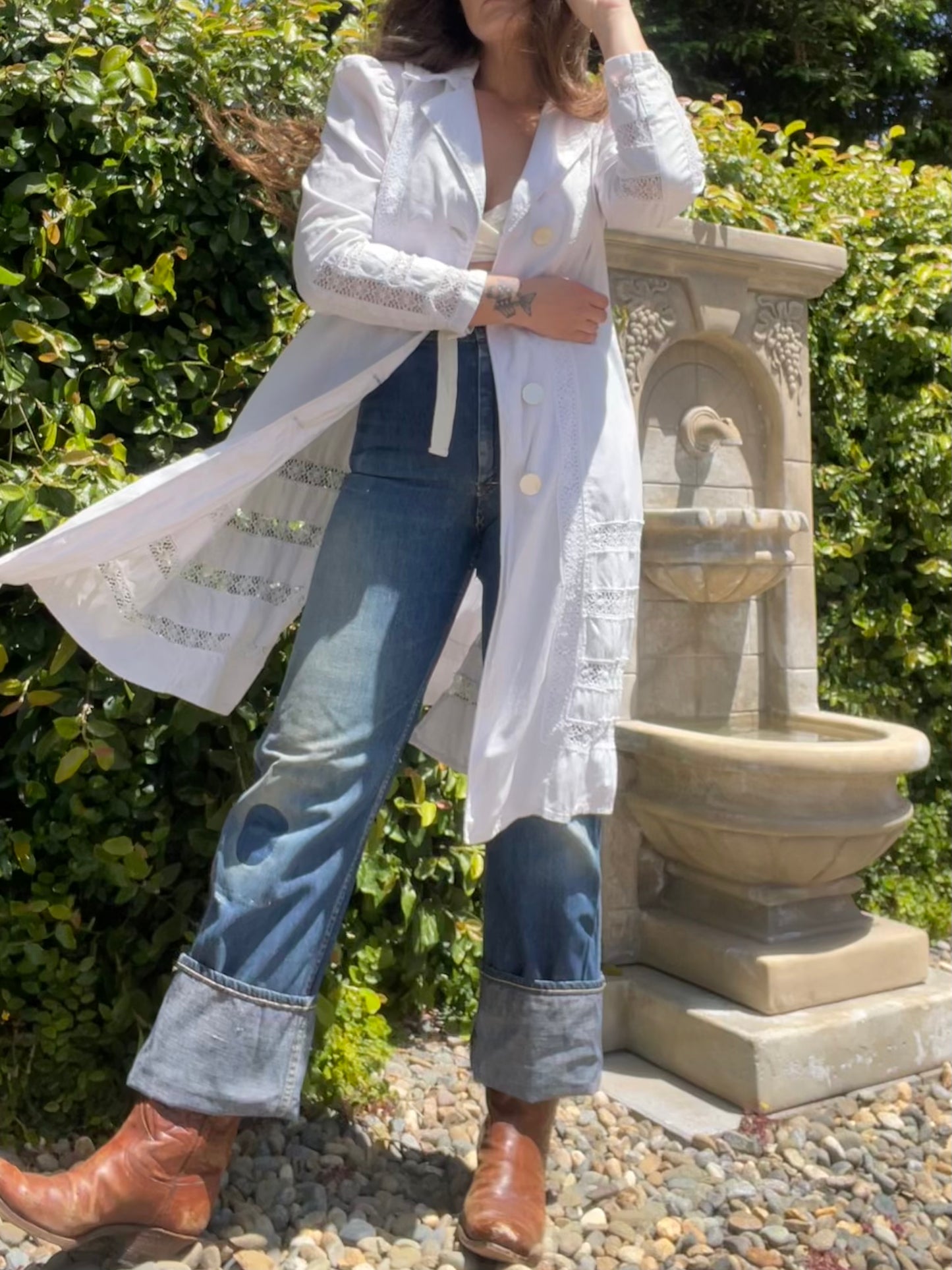 Turn Of The Century Puff Sleeve Linen & Crochet Lace Walking Jacket
