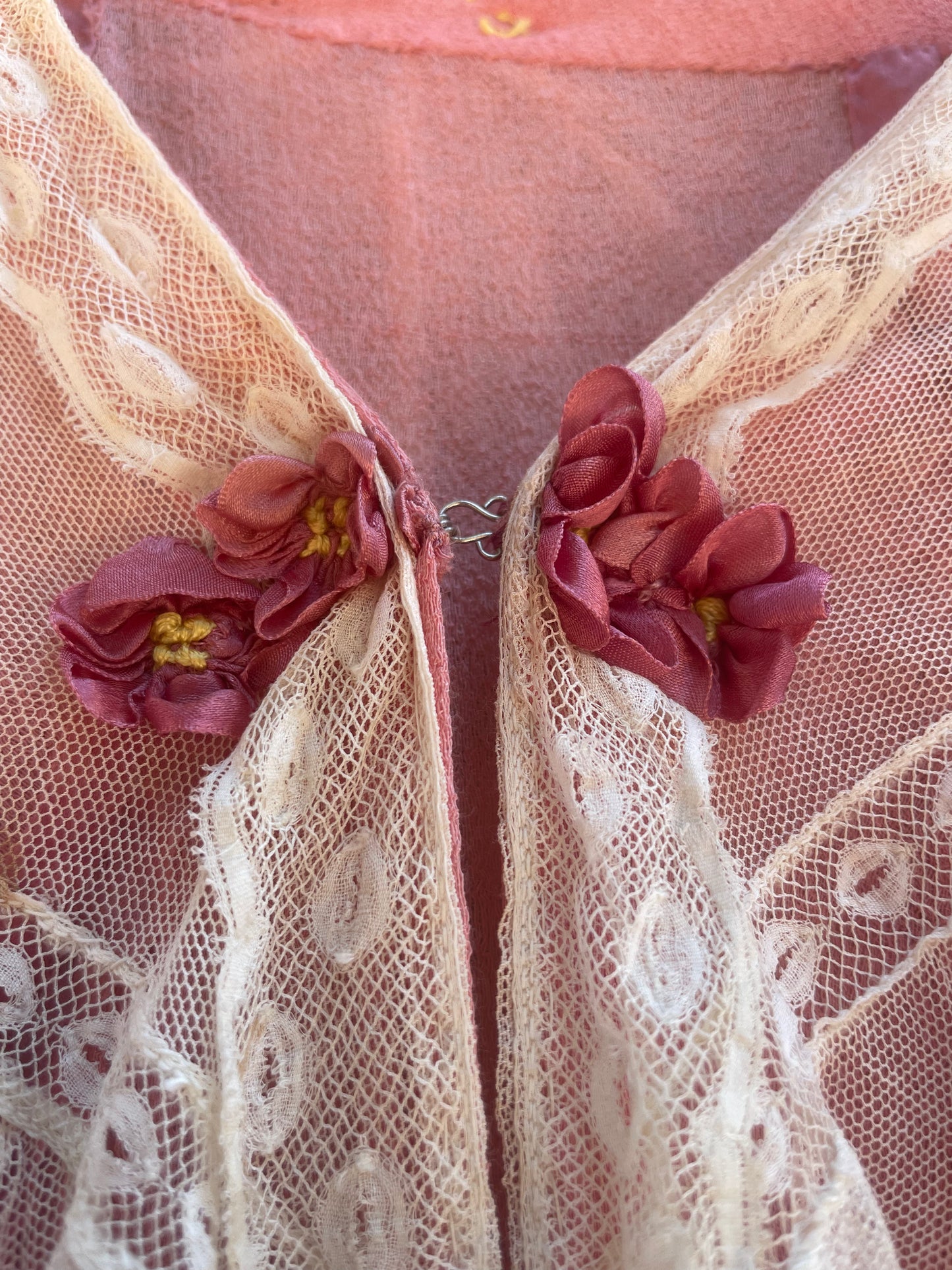 Rare 1910s Crinkle Crepe Shocking Pink Angel Sleeve Lace Tim Dressing Gown