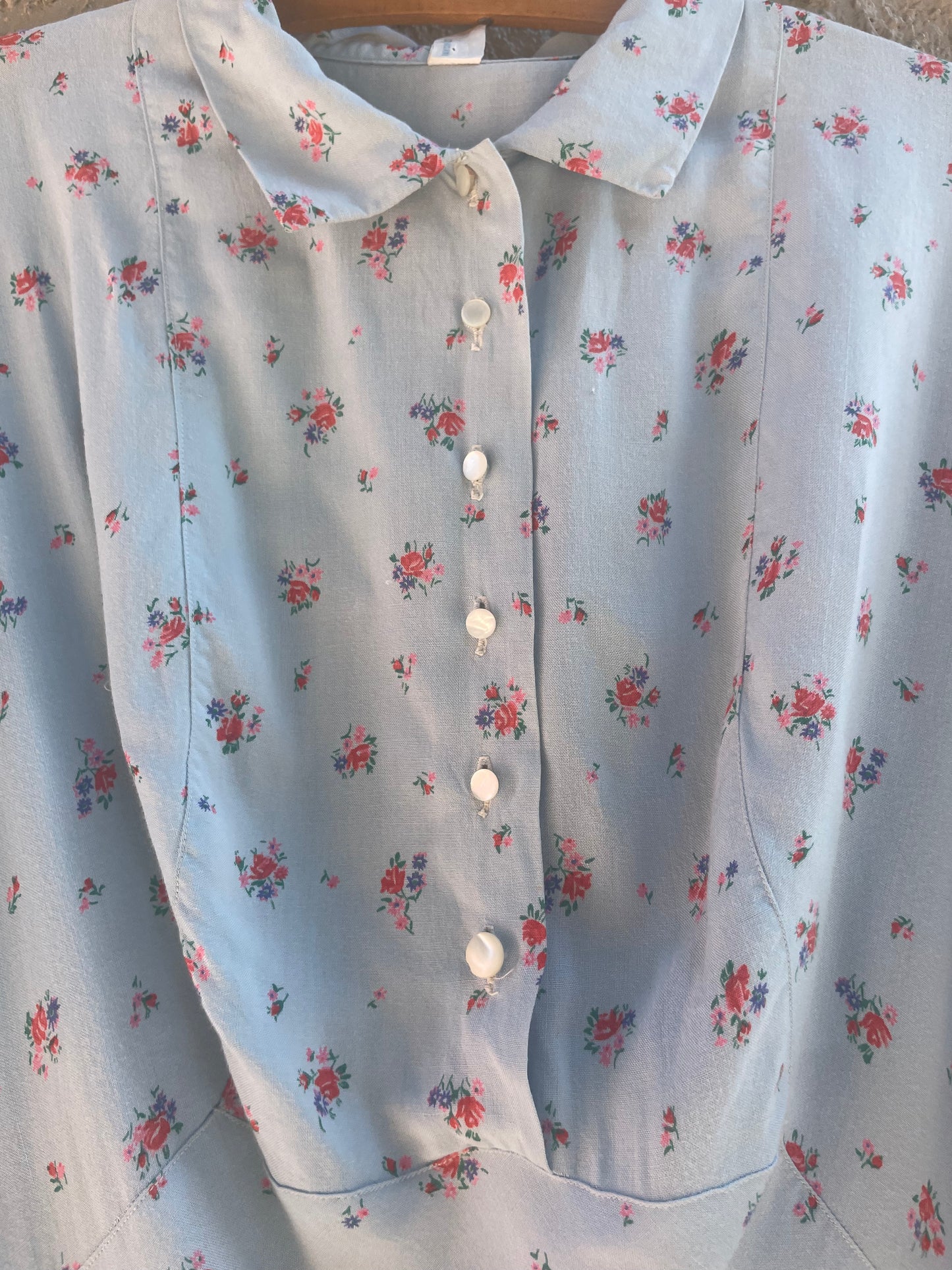 1940s Robbins Egg Blue Rayon Floral Long Sleeve Bias Cut Dress