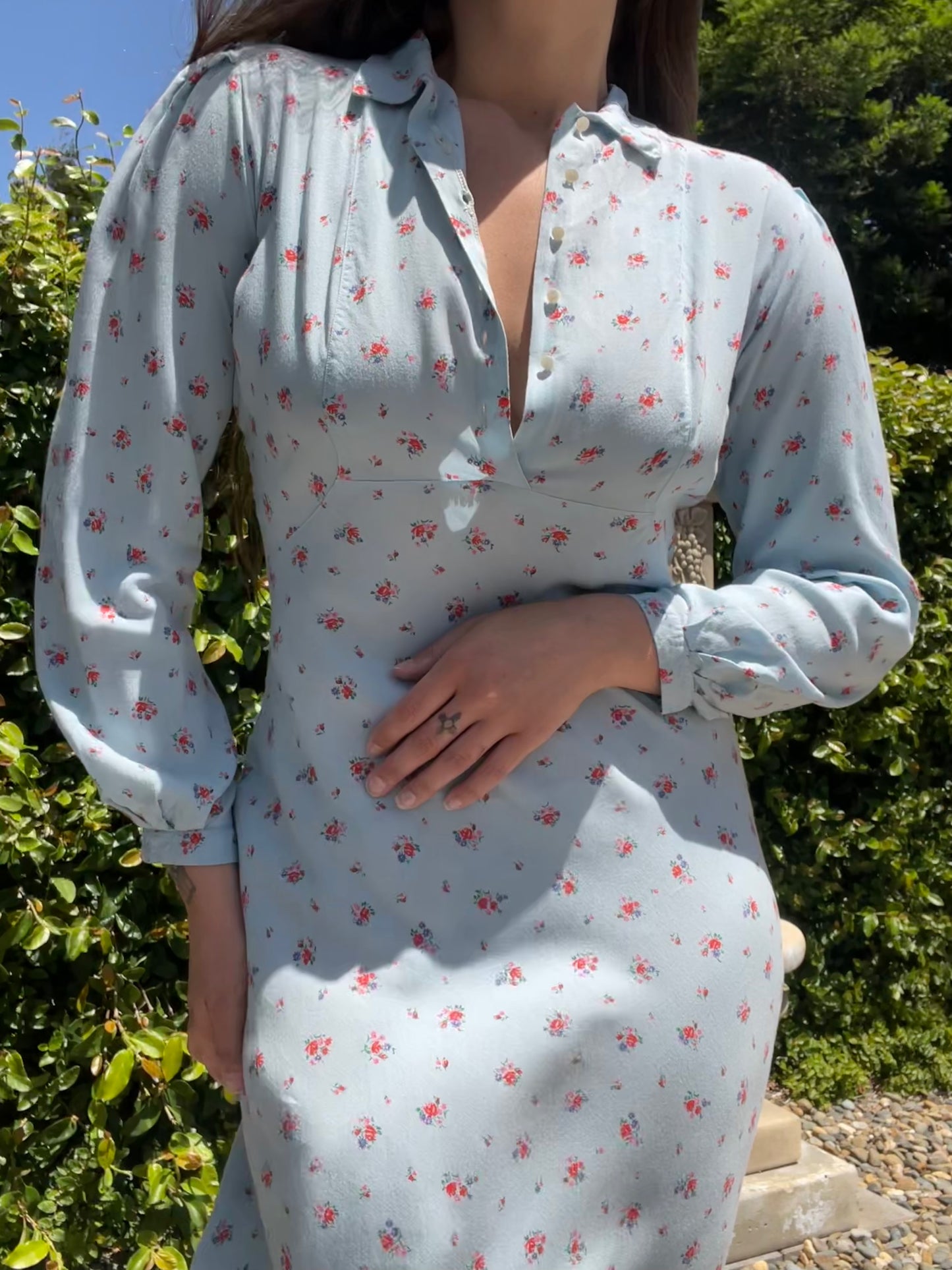 1940s Robbins Egg Blue Rayon Floral Long Sleeve Bias Cut Dress