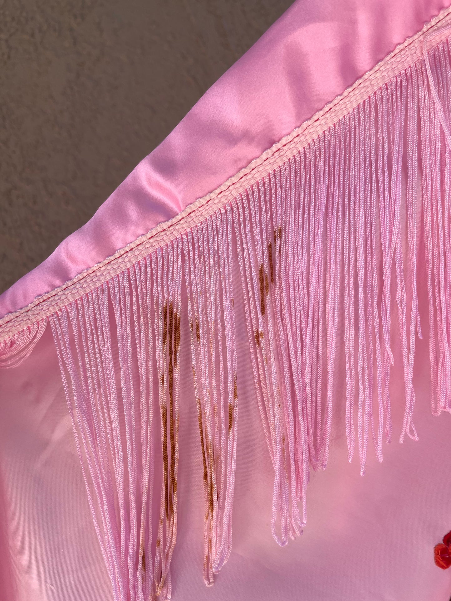 1940s Pepto Pink Chinese Loop Fringe Piano Shawl