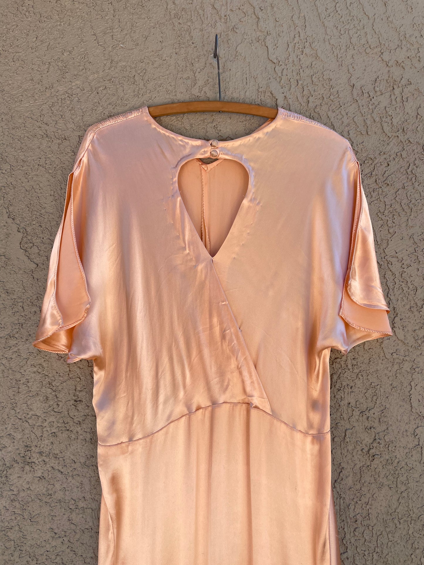 1930s Rayon Satin Bias Cut Peachy Salmon Dress