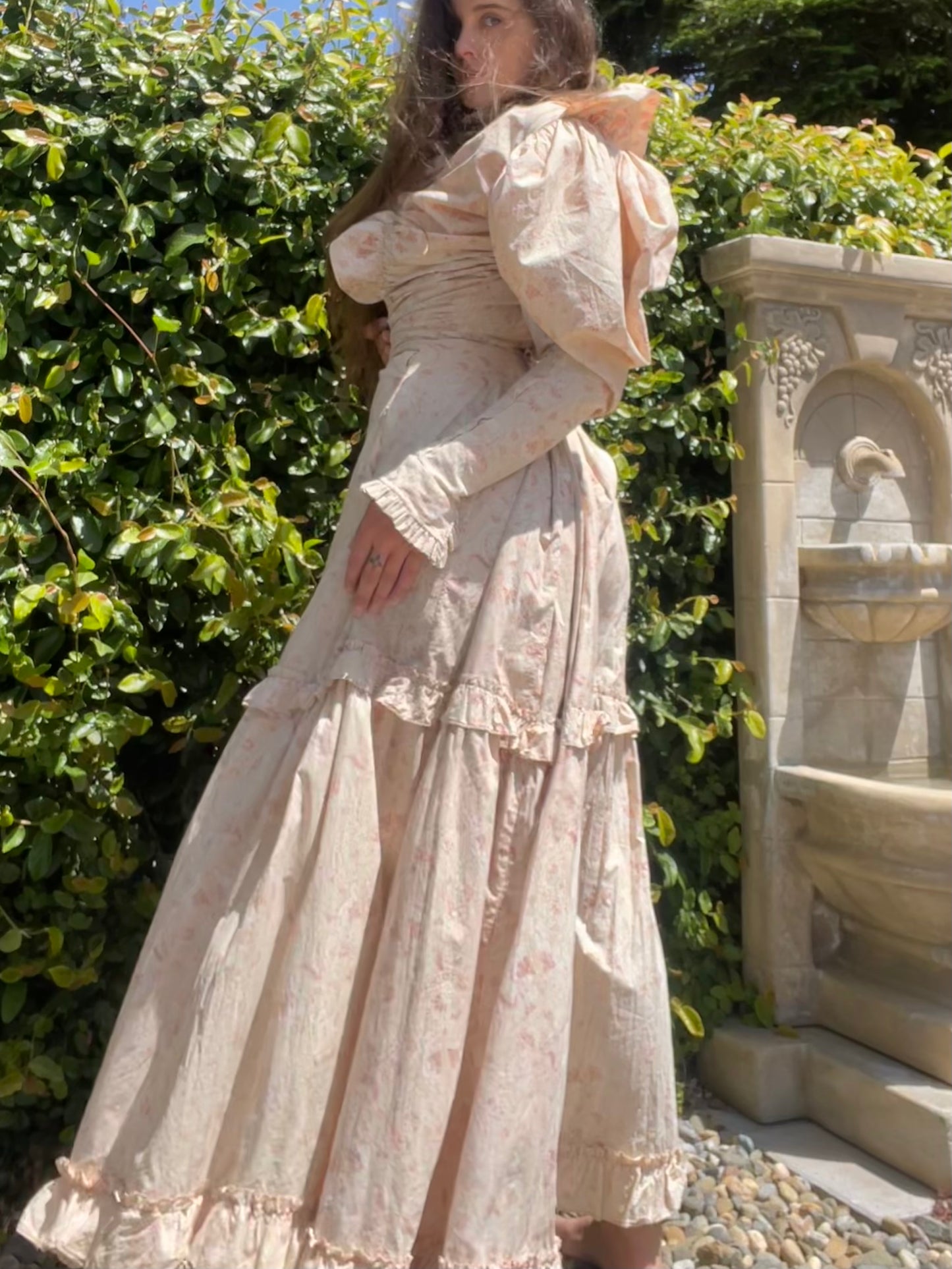 Late 19th C Pink Paisley Calico Gigot Sleeve-Ruched Front Dress