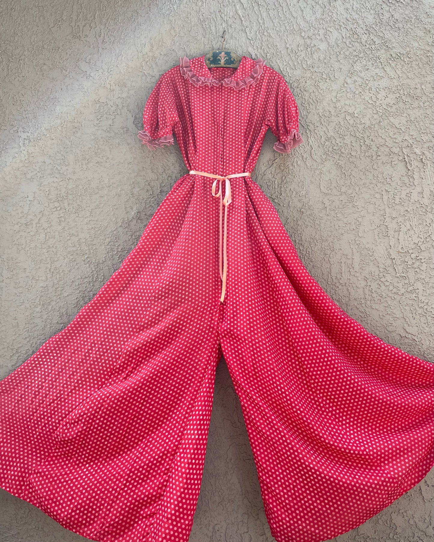 1940s Zip Front Polka Dot Palazzo Pant Silk Jumpsuit