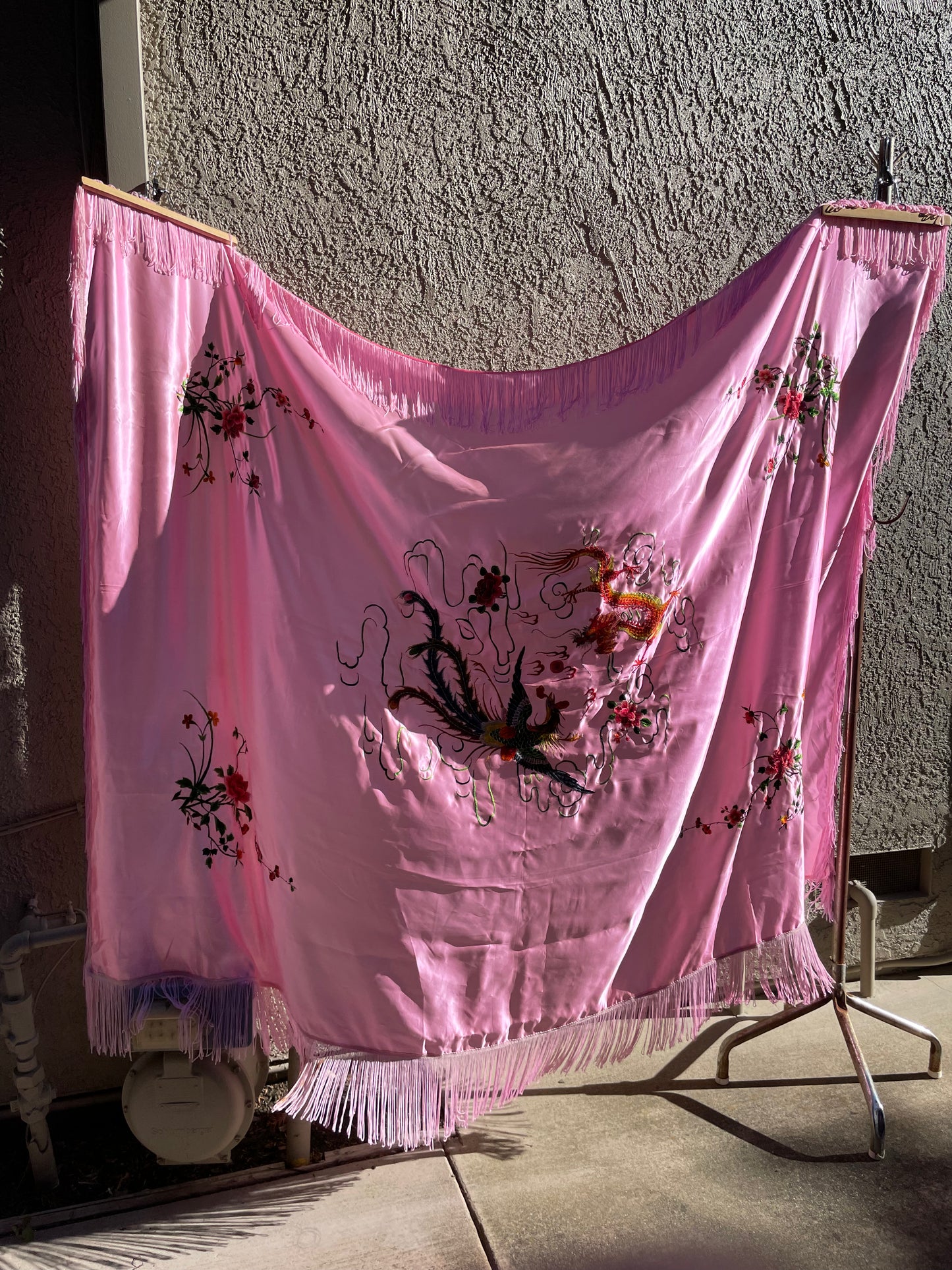 1940s Pepto Pink Chinese Loop Fringe Piano Shawl