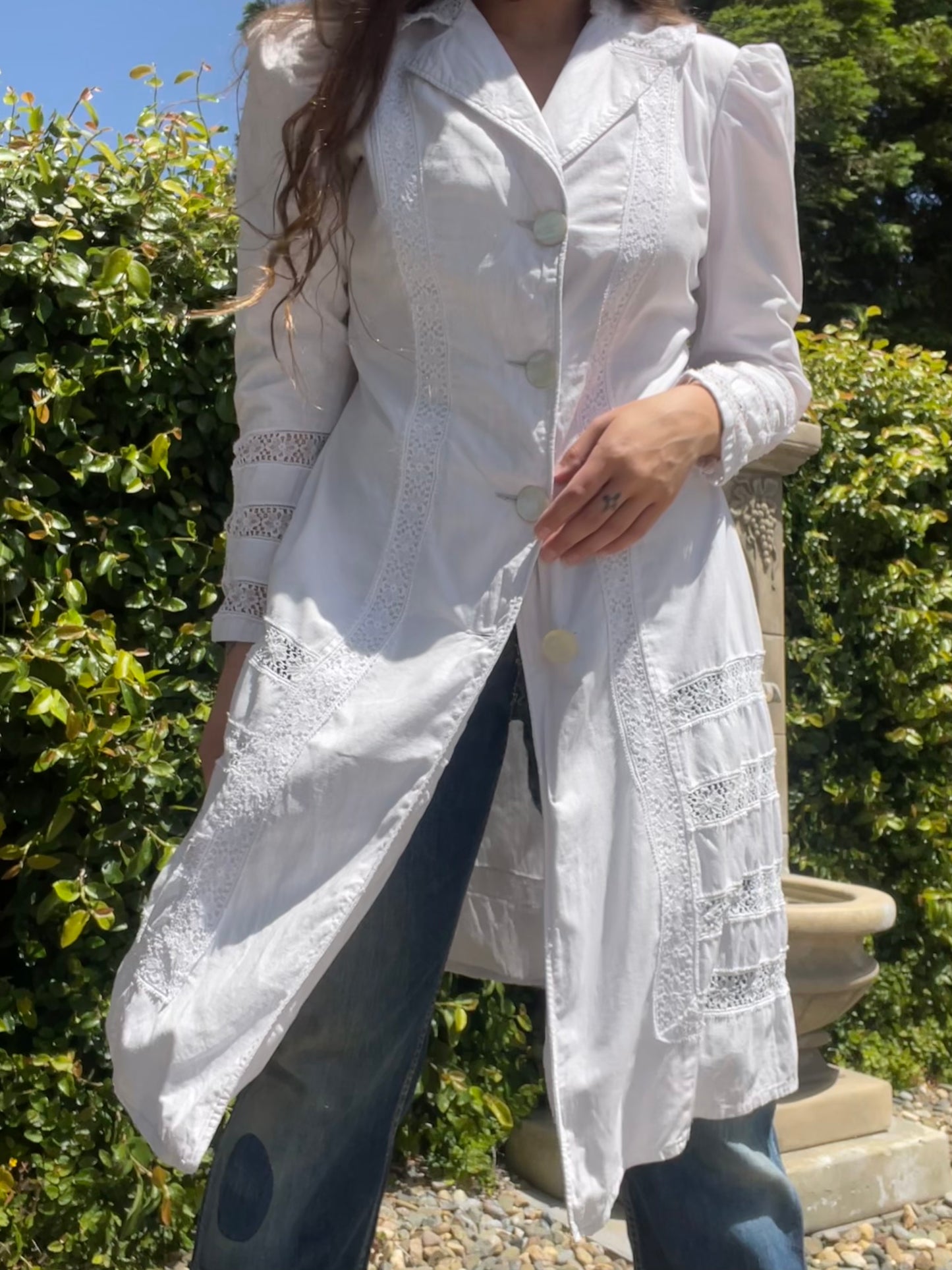 Turn Of The Century Puff Sleeve Linen & Crochet Lace Walking Jacket