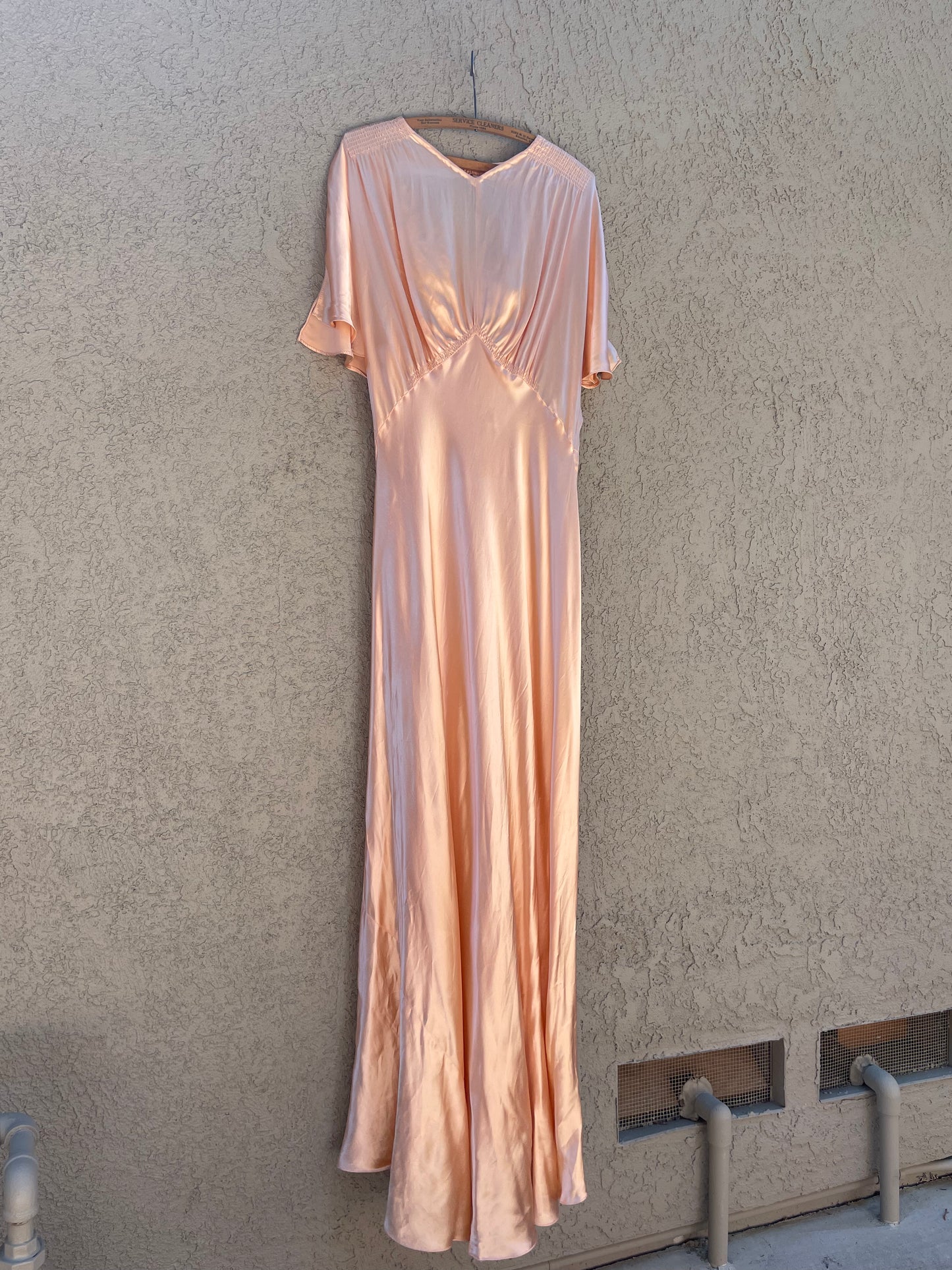 1930s Rayon Satin Bias Cut Peachy Salmon Dress