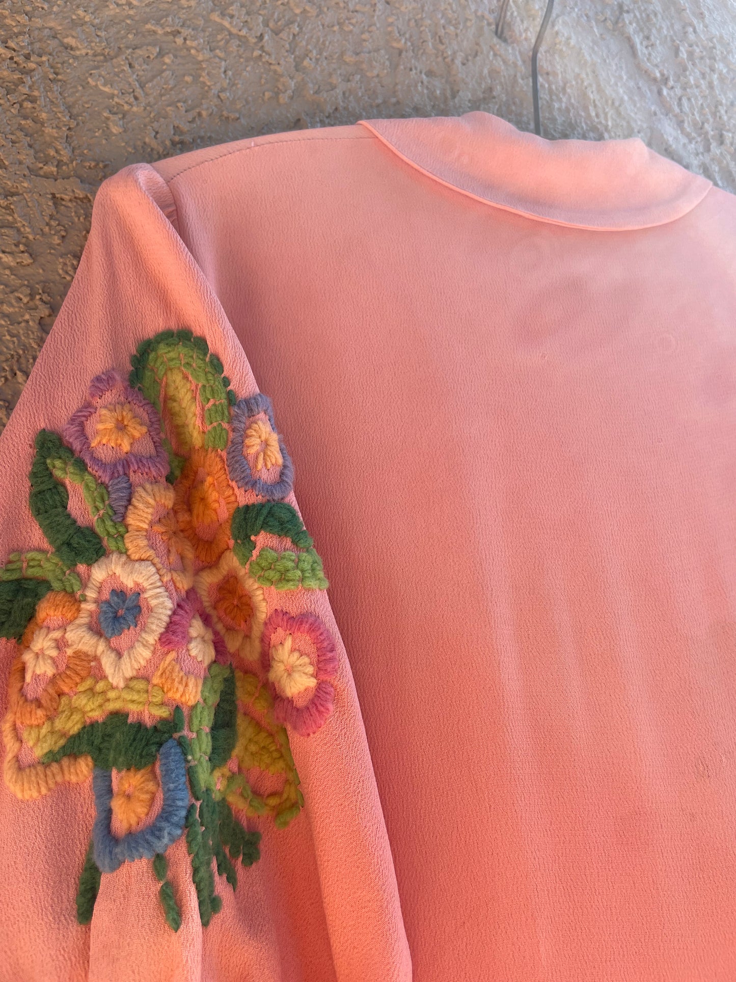 1930s Bubble Gum Pink Wool Embroidered Flower Basket Rayon Crepe Balloon Sleeve Dress