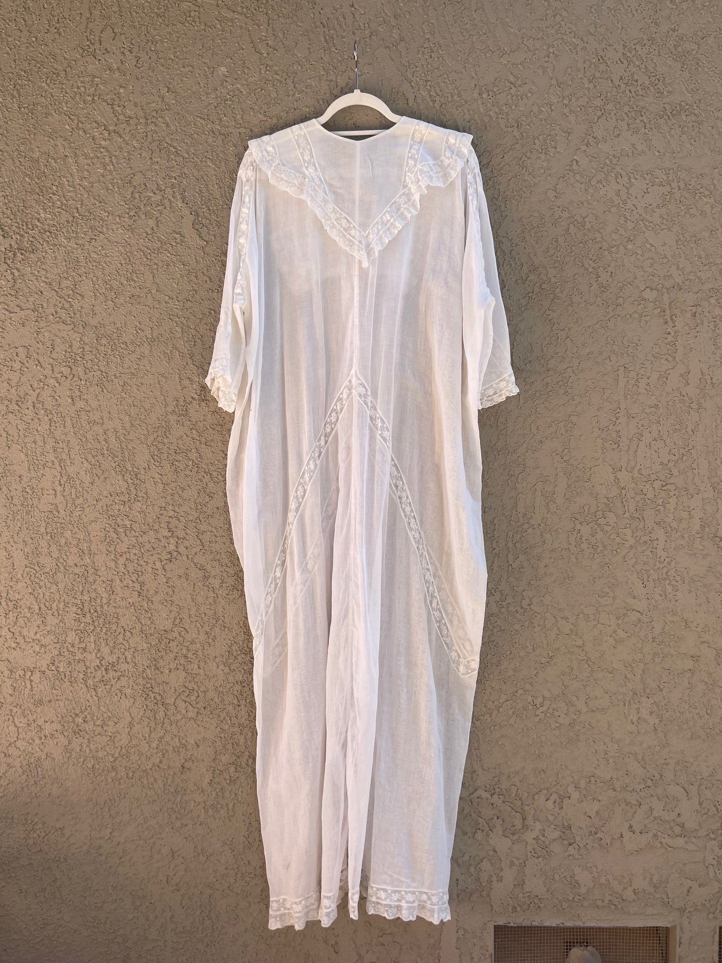 Antique 1910s Cocoon Style Cotton Voile & inset Lace Dressing Gown/ Peignoir