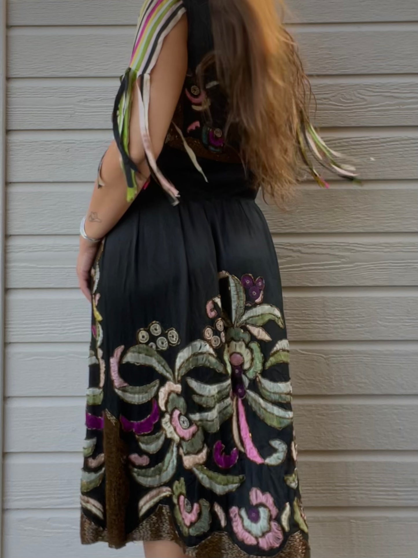 RARE 1920s Art Nouveau Hand Beaded Rainbow Silk Ribbon Sleeved Dress
