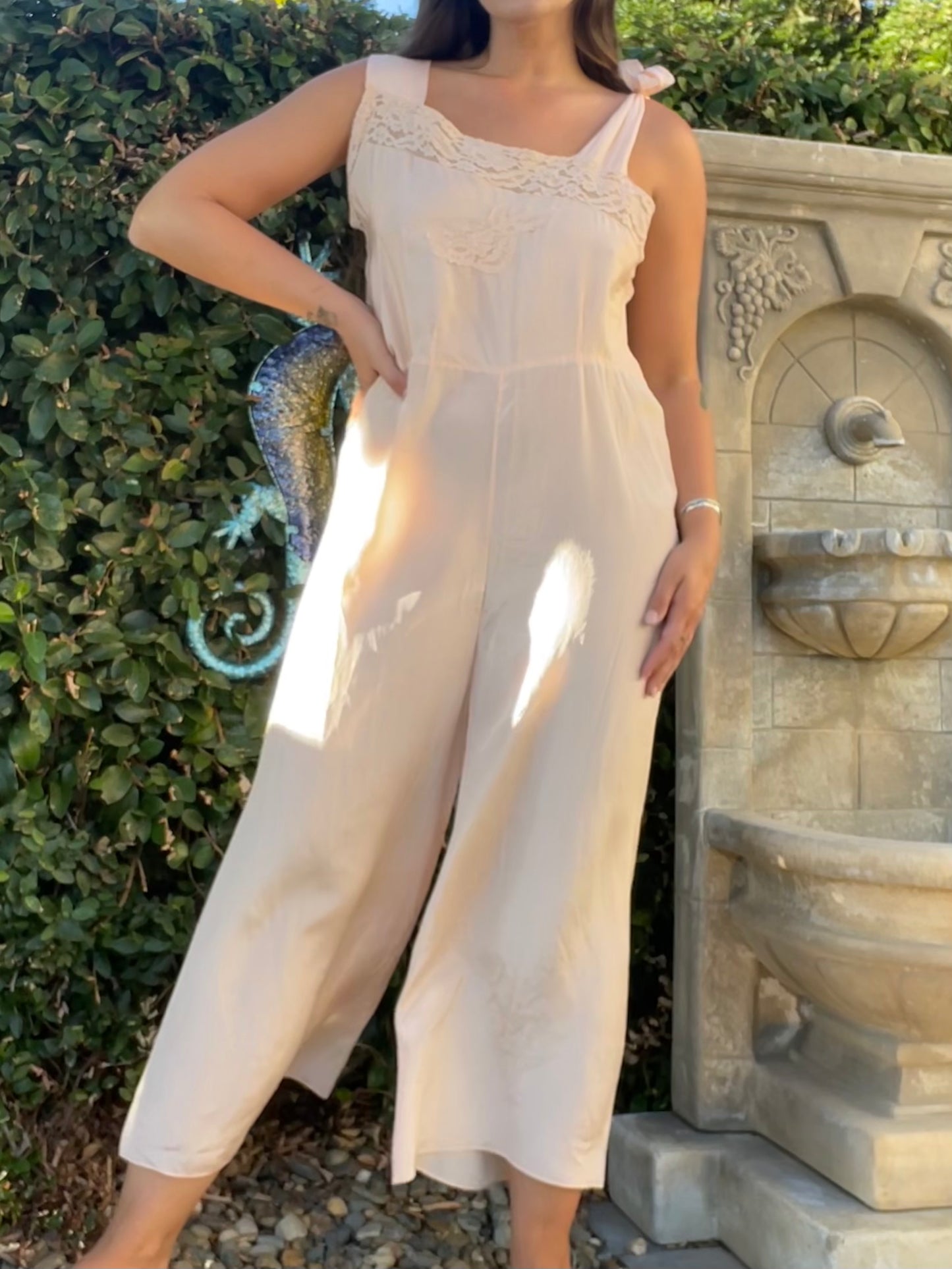 1930s Ballet Pink Silky Rayon Tie Shoulder Lounge Jumpsuit