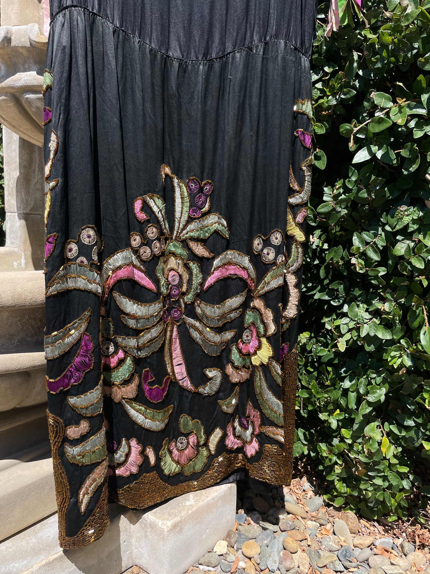 RARE 1920s Art Nouveau Hand Beaded Rainbow Silk Ribbon Sleeved Dress
