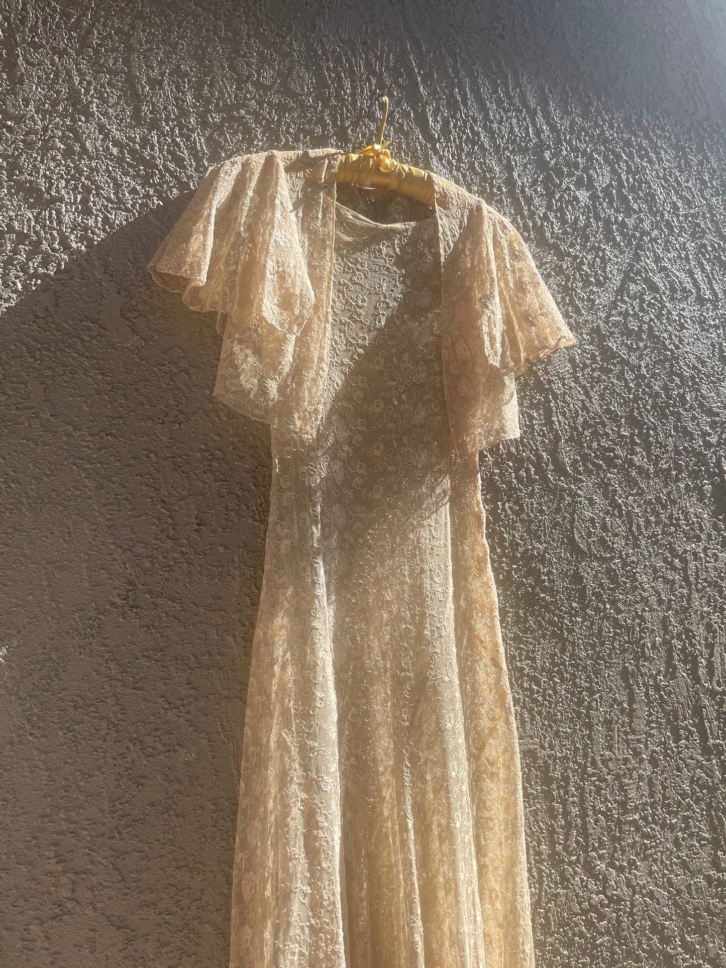 1930s Three Piece Ecru Tambour Lace Flutter Sleeve Gown