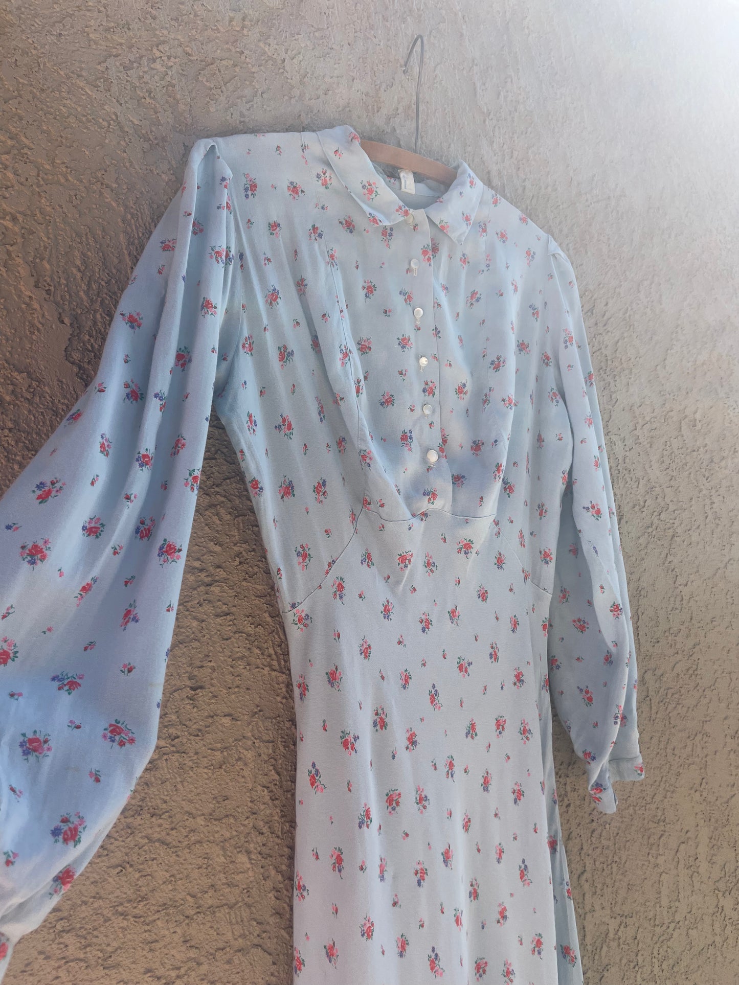 1940s Robbins Egg Blue Rayon Floral Long Sleeve Bias Cut Dress