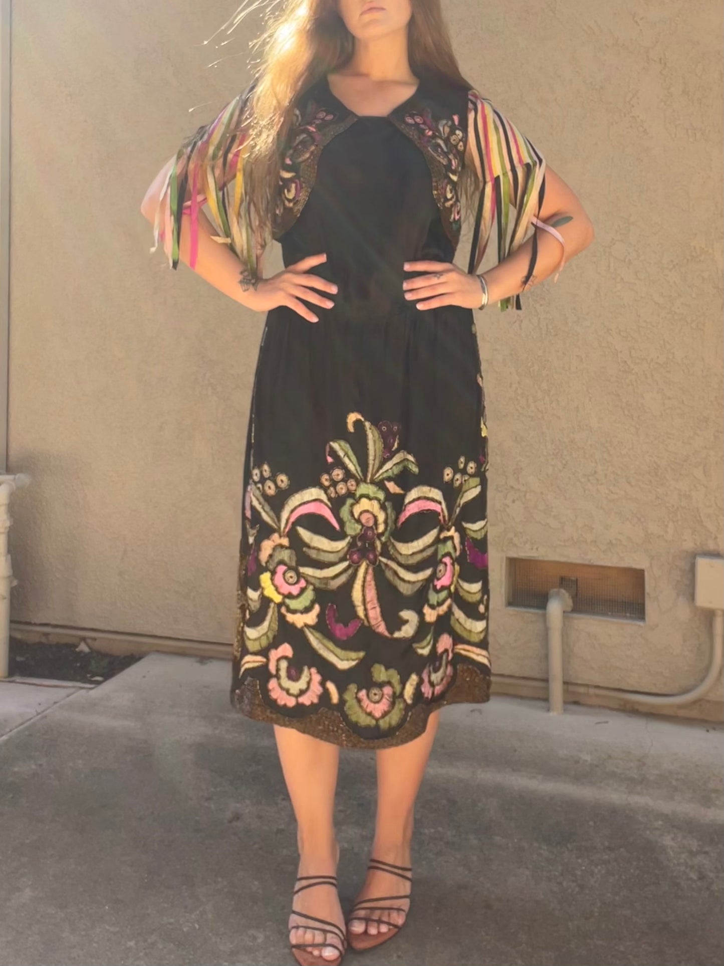 RARE 1920s Art Nouveau Hand Beaded Rainbow Silk Ribbon Sleeved Dress