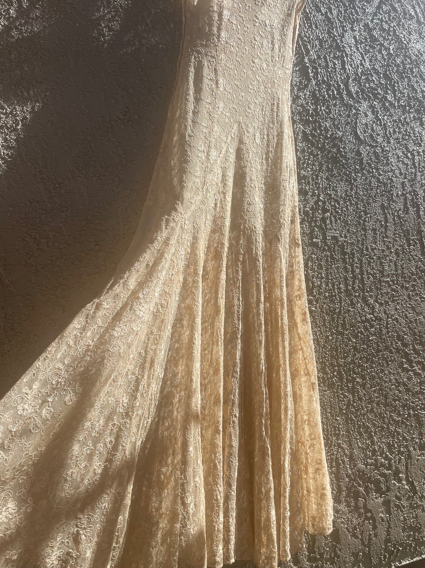 1930s Three Piece Ecru Tambour Lace Flutter Sleeve Gown