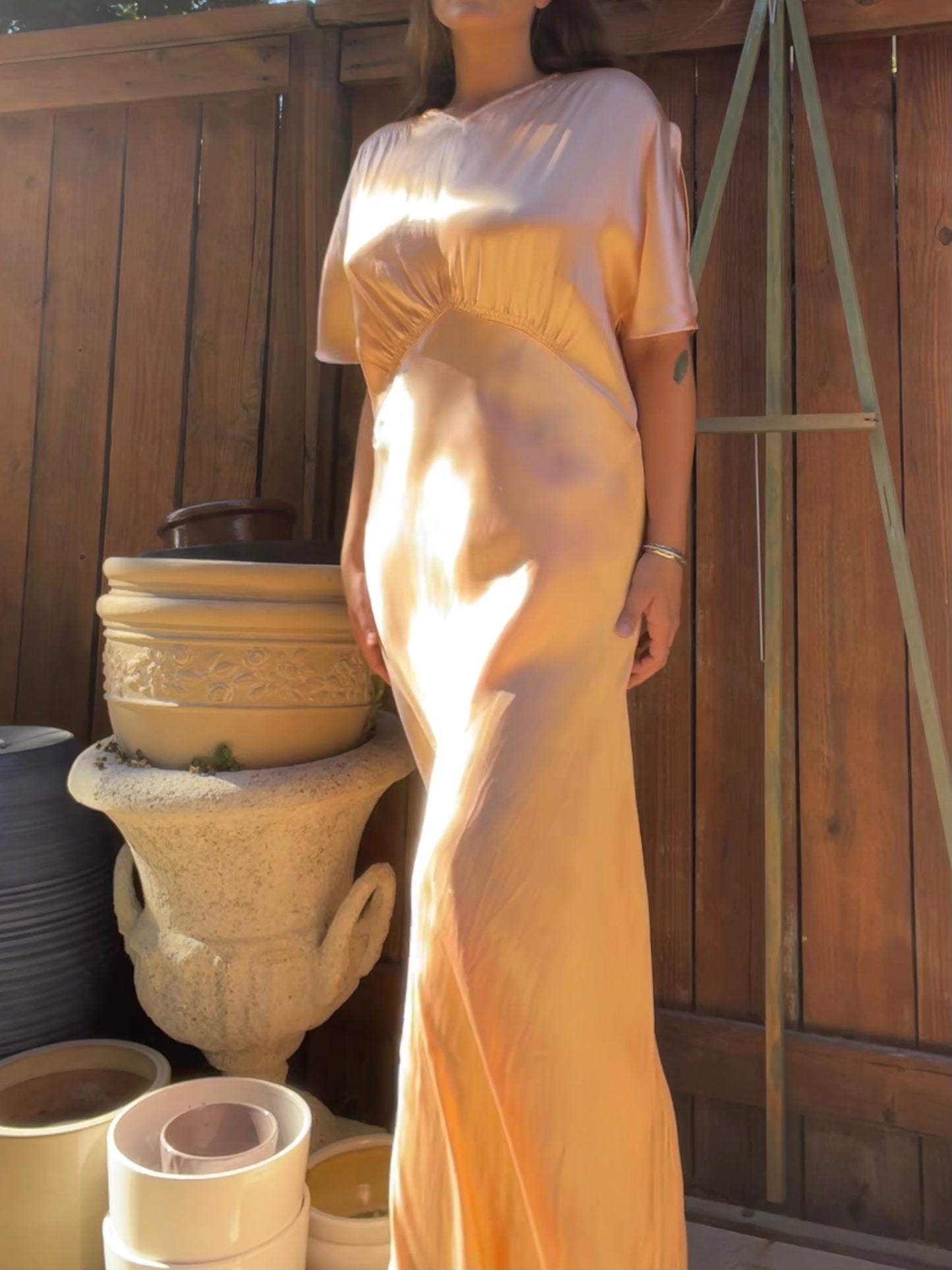 1930s Rayon Satin Bias Cut Peachy Salmon Dress