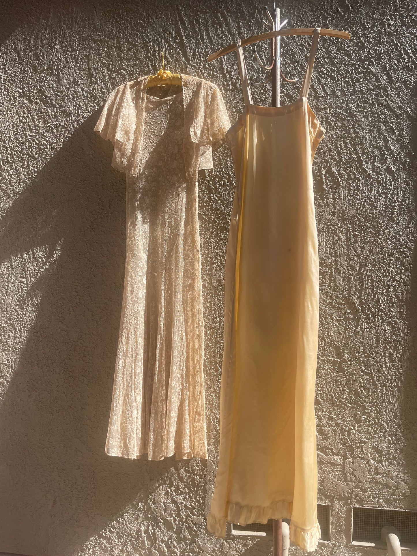 1930s Three Piece Ecru Tambour Lace Flutter Sleeve Gown