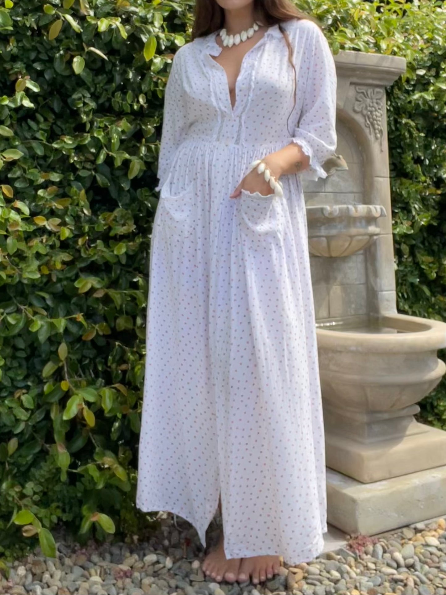 1940s Strawberry Print Rayon Peignoir Over Dress