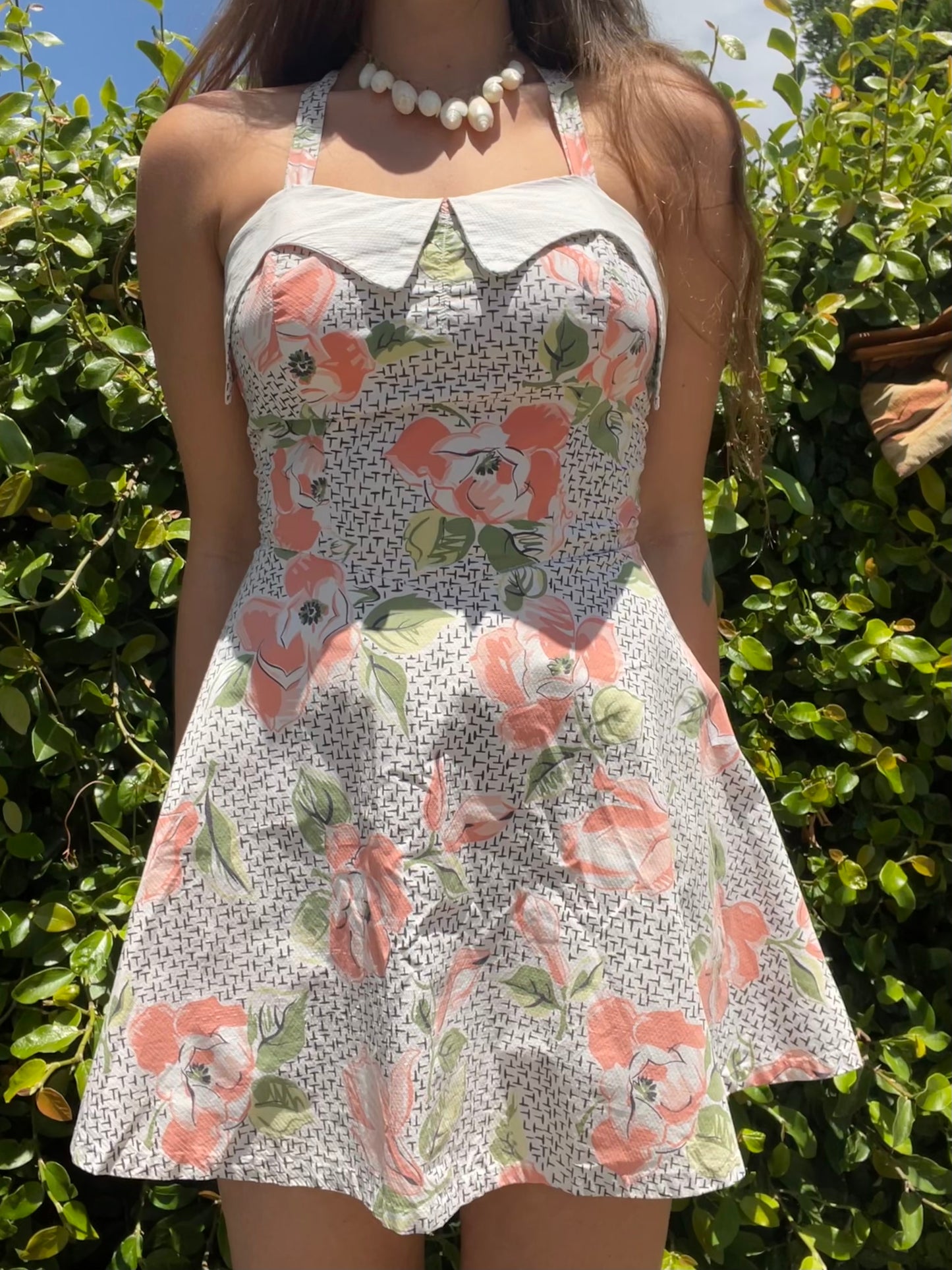1940s Stylized Poppy Print Cotton Skirt Playsuit