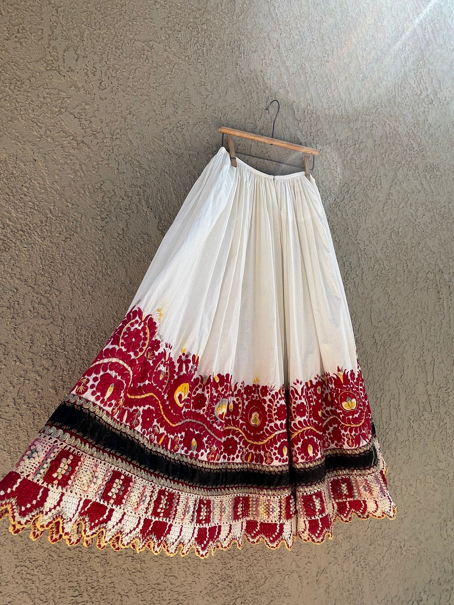 Antique Densely Embroidered Cotton Folk Skirt With Knit Border