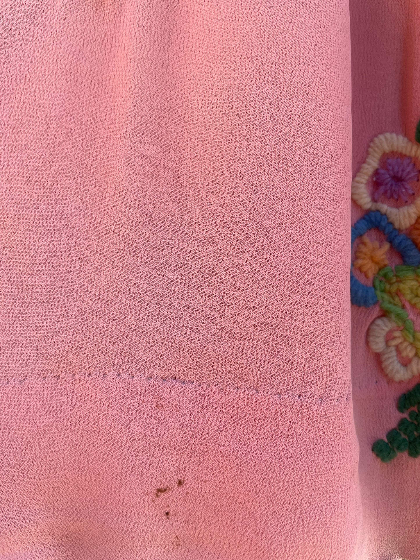 1930s Bubble Gum Pink Wool Embroidered Flower Basket Rayon Crepe Balloon Sleeve Dress