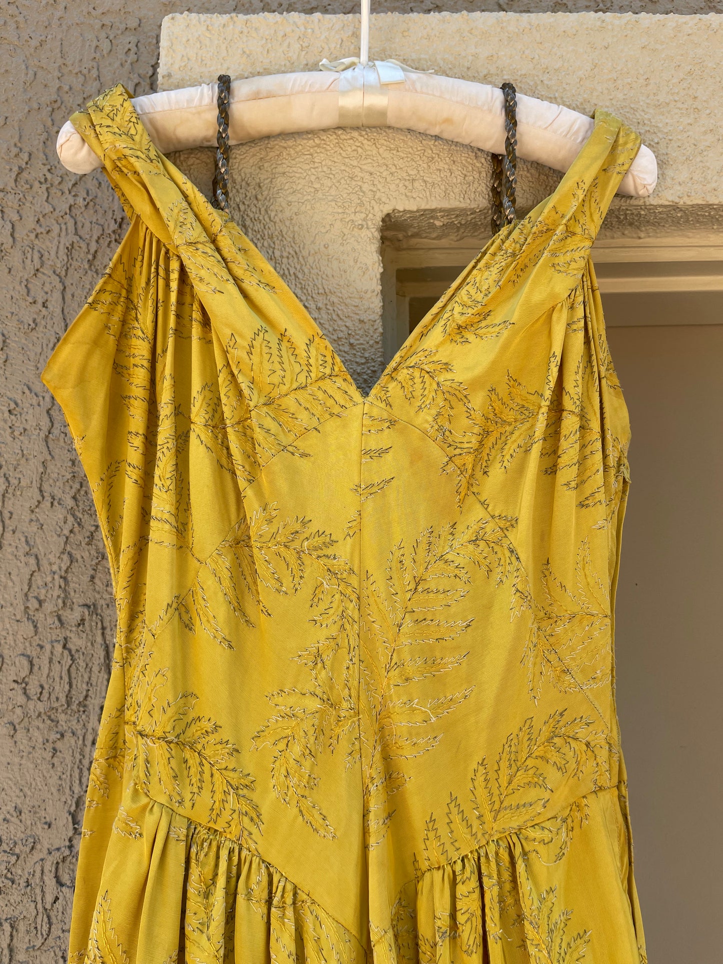 1940s Marigold Lamé Embroidered Leaf Gown