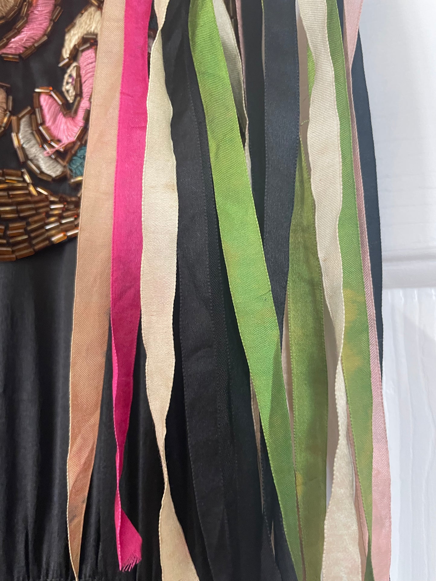 RARE 1920s Art Nouveau Hand Beaded Rainbow Silk Ribbon Sleeved Dress
