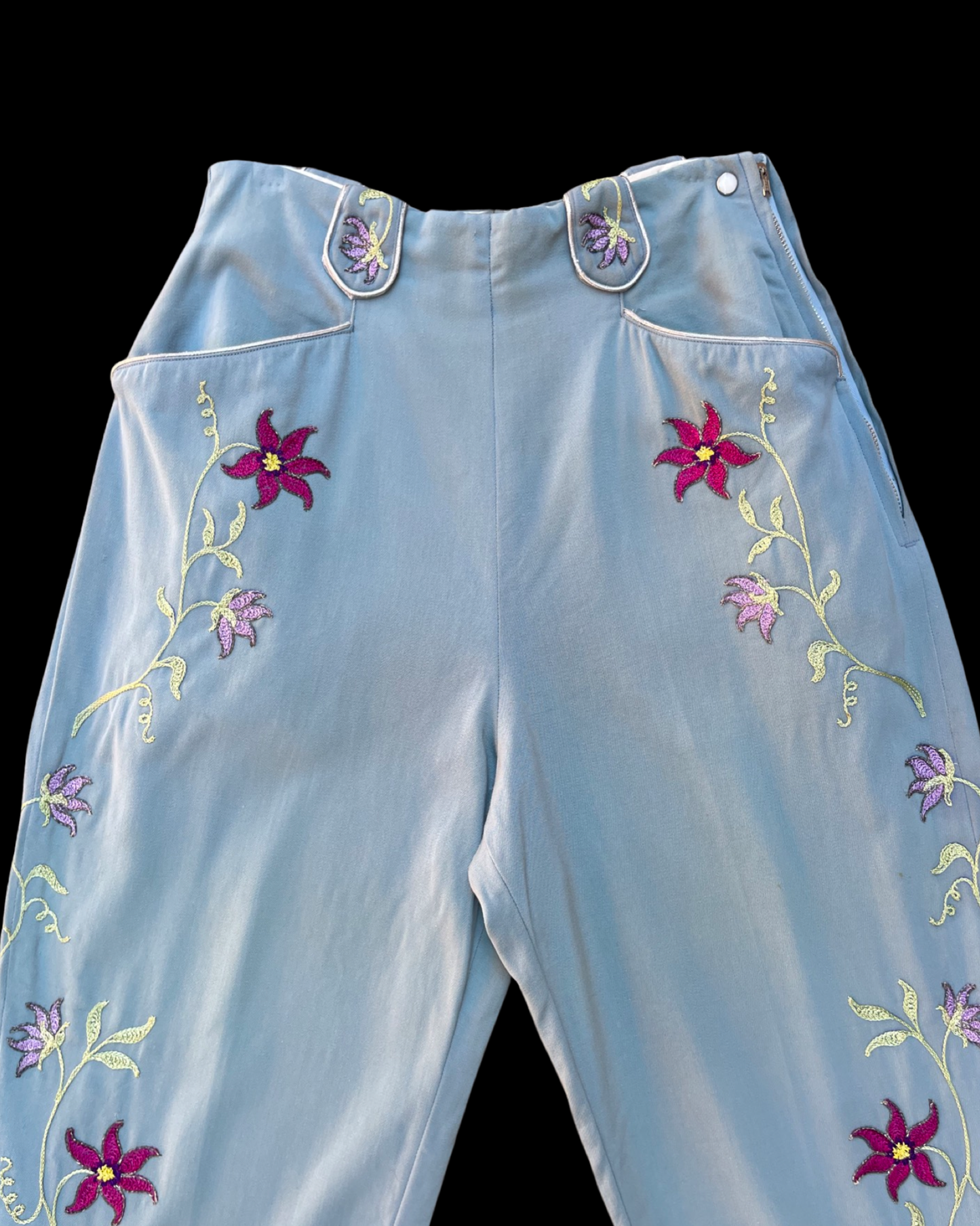 RARE 1940s-1950s Side Zip Slate Blue Western Butterfly Chain Stitched/ Rhinestone Pants