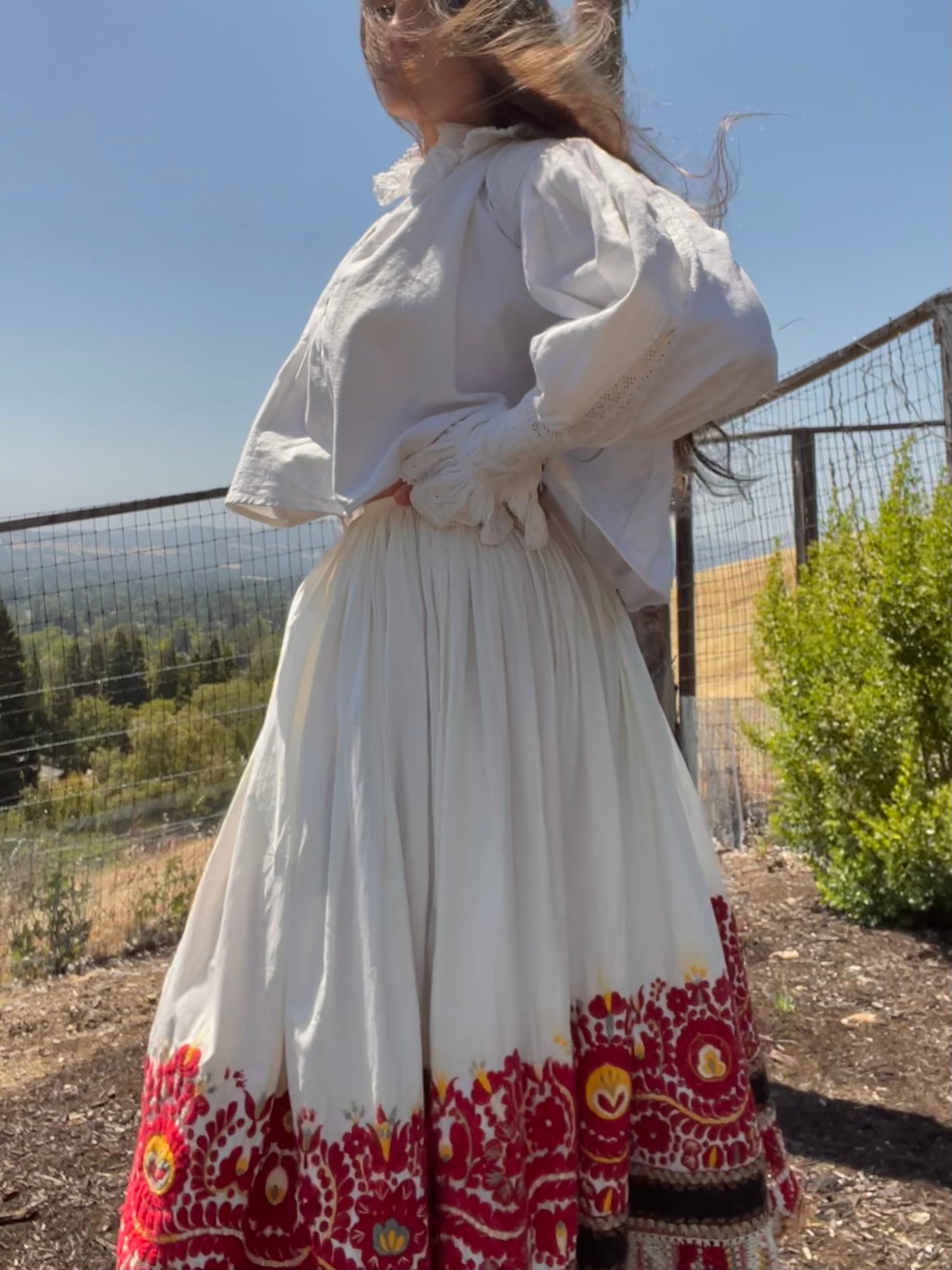 Antique Densely Embroidered Cotton Folk Skirt With Knit Border
