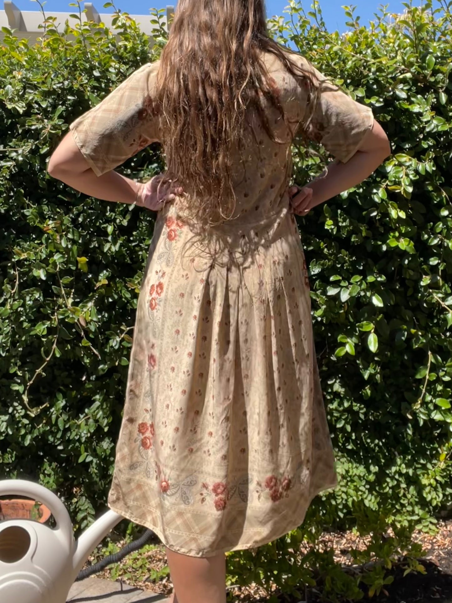 1960s Silk Floral Scarf Print Drop Waist Midi Length Dress