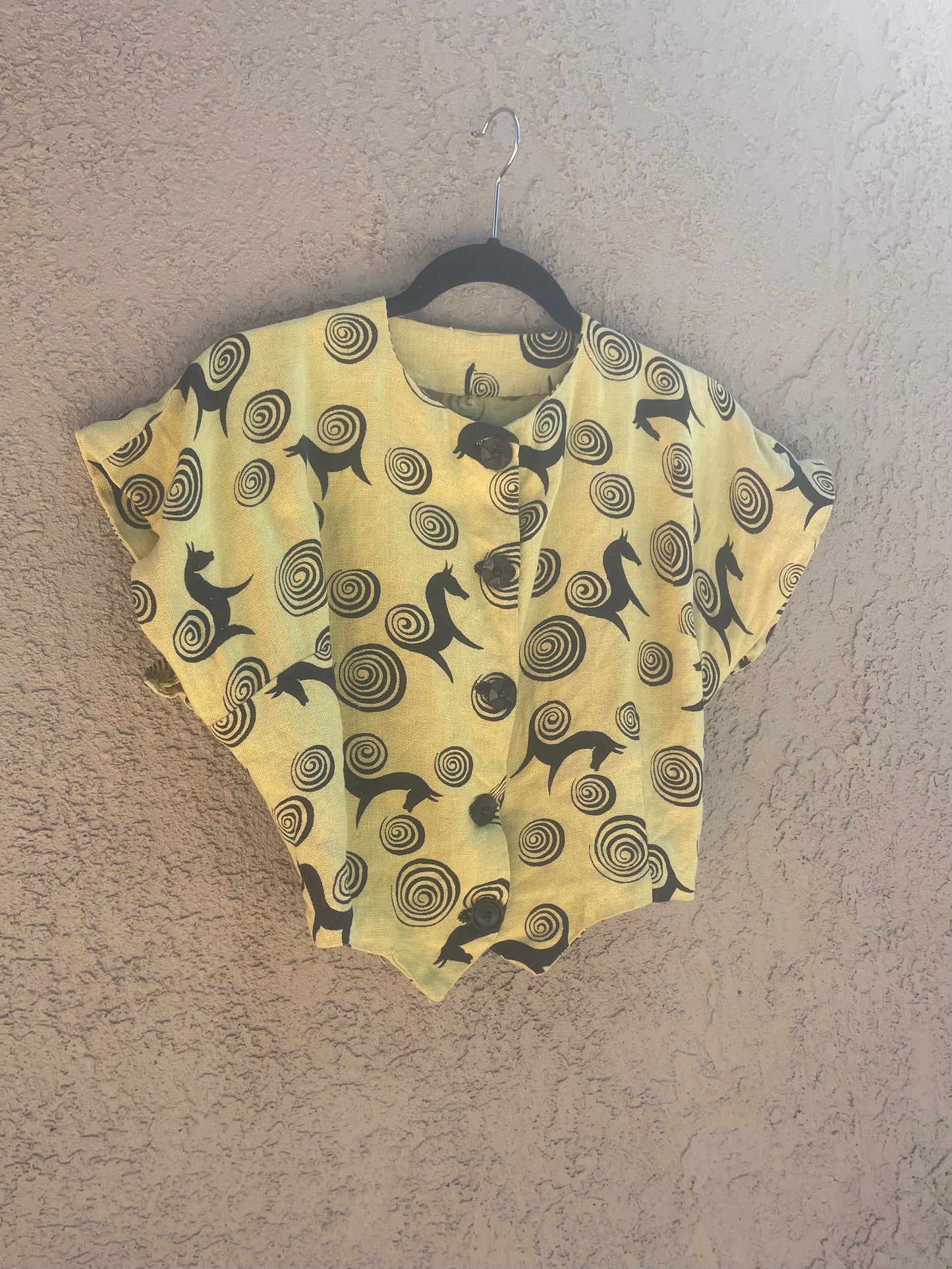 1930s Chartreuse Novelty Horse Print Linen Button Front Blouse