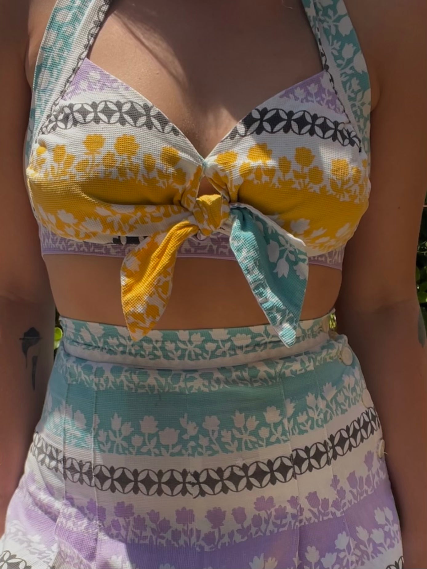 1930s Two Piece Pastel Floral Waffled Cotton Side Button Playsuit