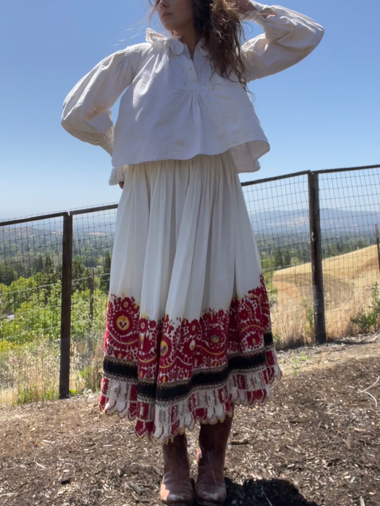 Antique Densely Embroidered Cotton Folk Skirt With Knit Border