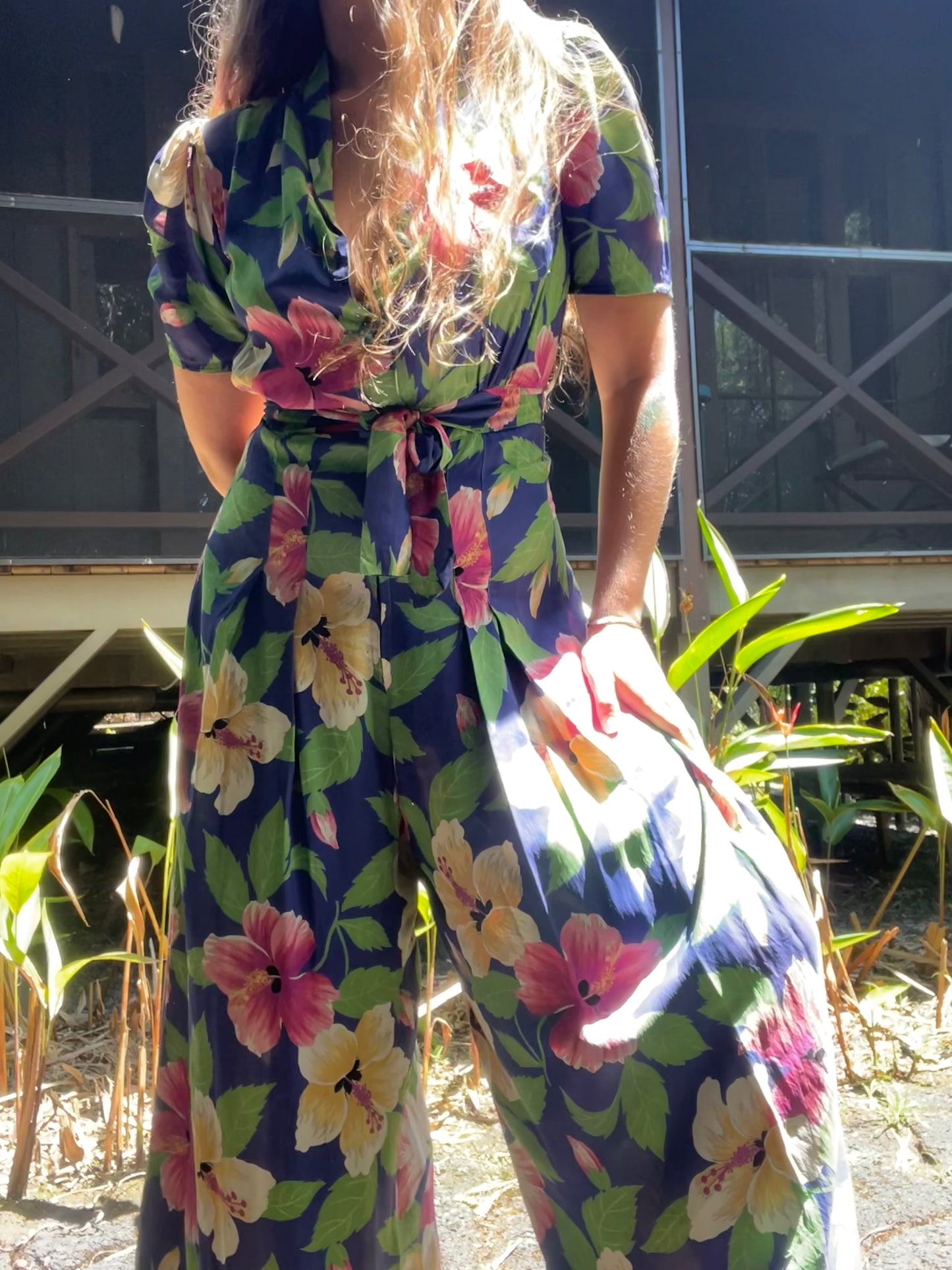 Rare 1940s Hawaiiana Rayon Palazzo Pant Tie Waist Jumpsuit