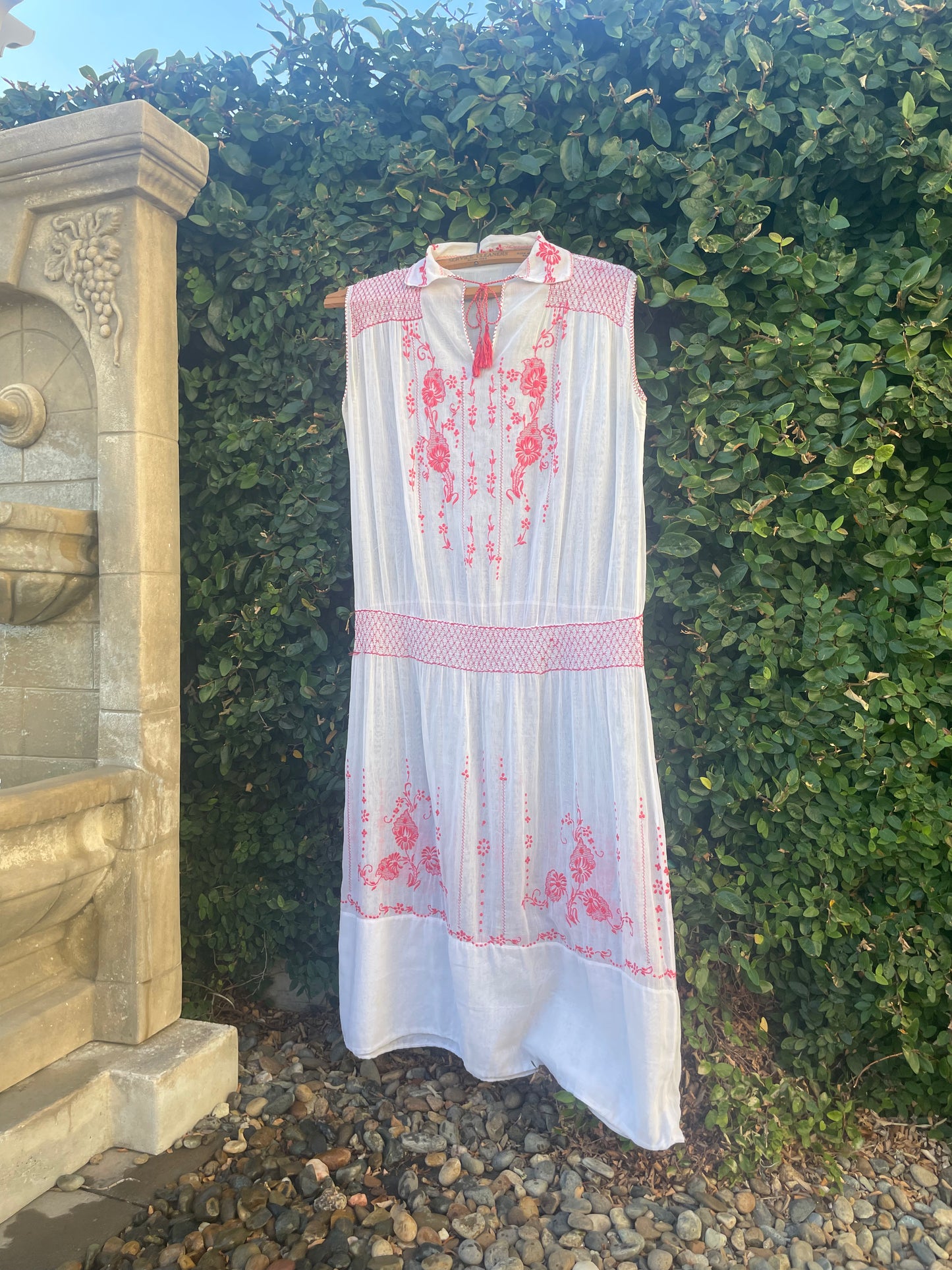 1920s Hand Smocked Embroidered Hungarian Tie Neck Peasant Dress