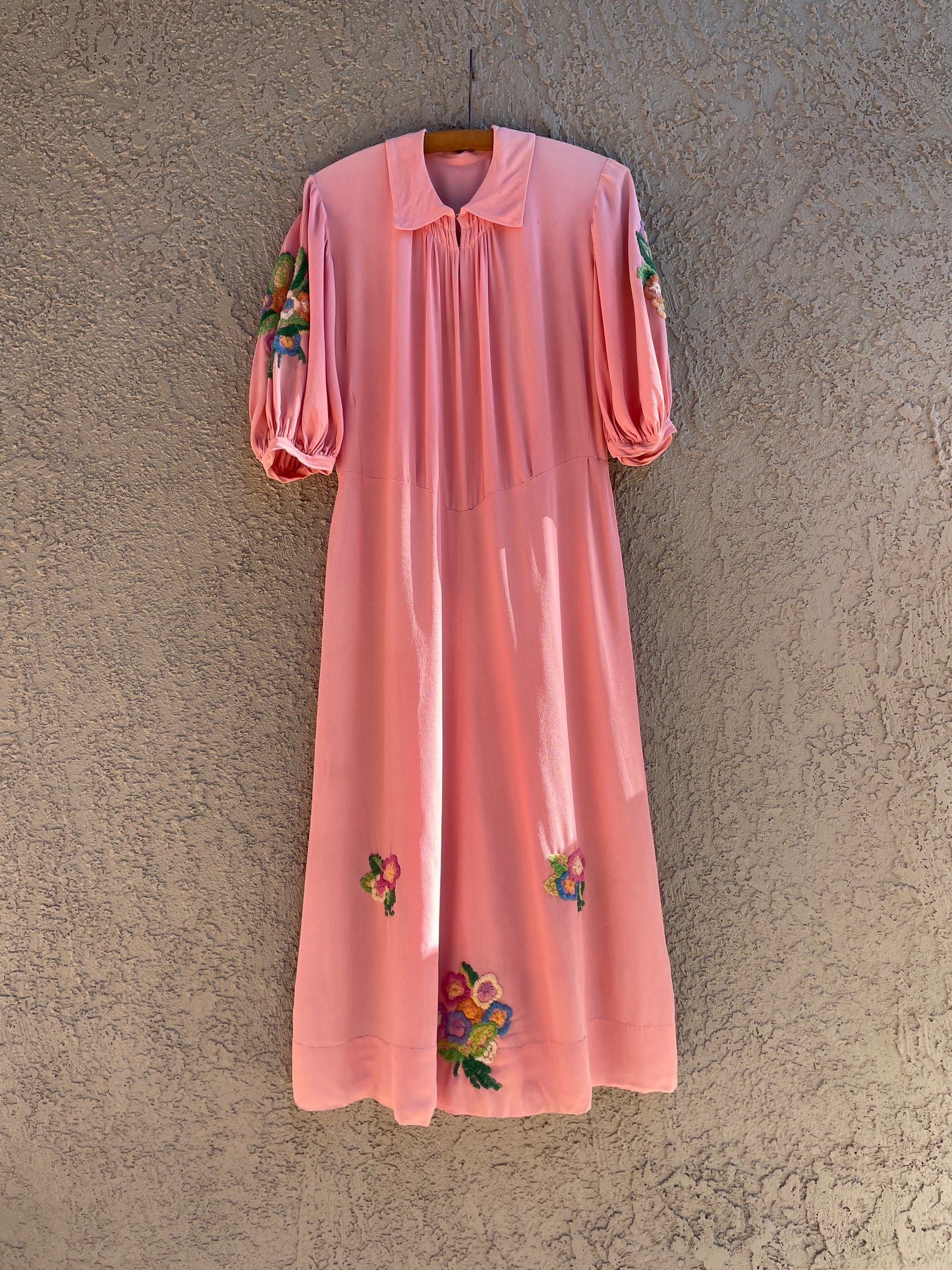 1930s Bubble Gum Pink Wool Embroidered Flower Basket Rayon Crepe Balloon Sleeve Dress