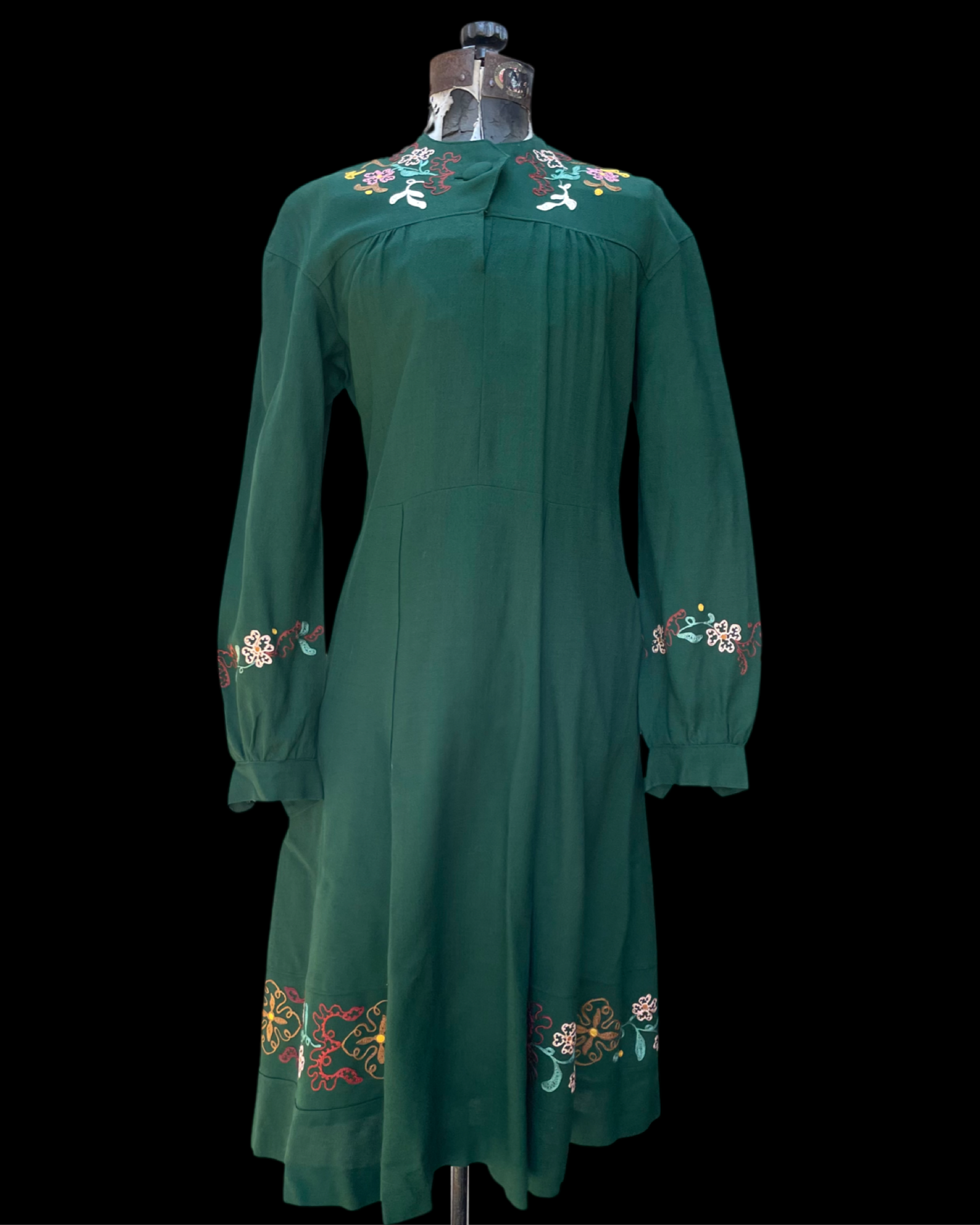 1940s Floral Embroidered Wool Folk Dress Of the Palms 1940s Floral Embroidered Wool Folk Dress Of the Palms